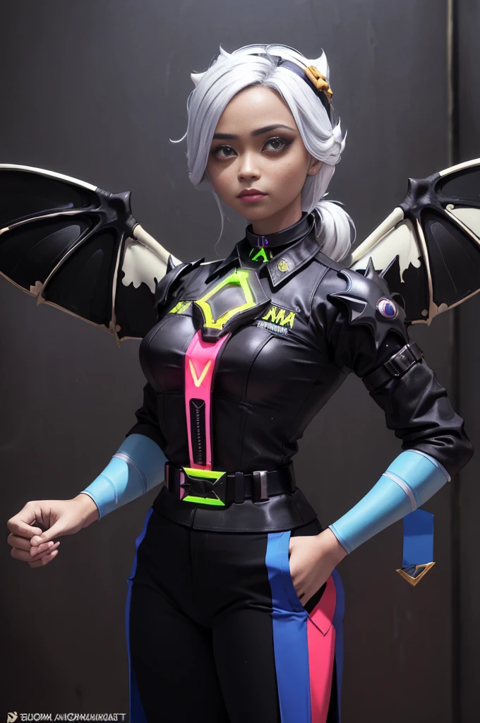 (8k), Rosto altamente detalhado,obra de arte, Bela , gigantescas asas de ciborgue preto, wings have neon lights, asas abertas,, em armadura de metal apertada, metallic belt, Electronic armature elements, 20 anos, a pele abaixo do terno tem linhas brilhantes, cabelo preto na altura dos ombros, um olho ciborgue, Standing, serious expression, cinematic lighting, Queimando a cidade cyberpunk ao longe, peito achatado