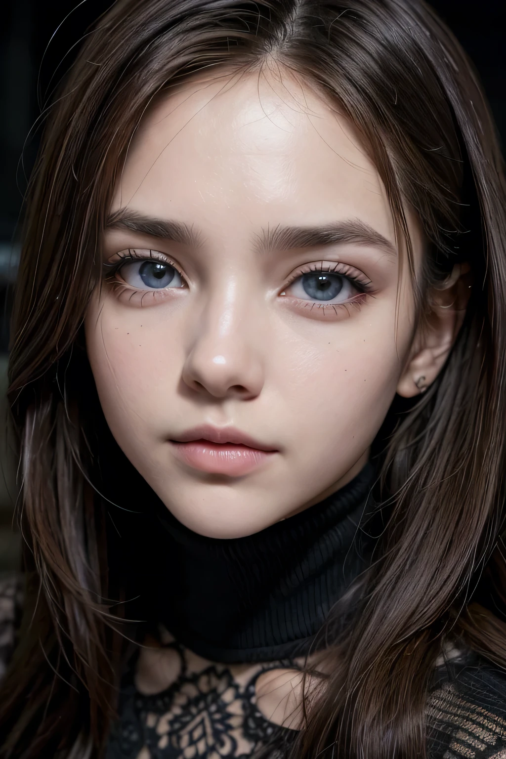 un primer plano de una mujer con cabello largo , ojos grandes , small nose , pomulos resaltados con caracteristicas holandesas , ojos azules, un top negro, cara sexy con maquillaje completo, retrato de cara completa, retrato de primer plano de cara completa, mirada sensual, foto retrato suave 8 k, cara retocada, completo - rostro cerca - retrato arriba, 18 years, con maquillaje profesional, usando maquillaje profesional, rostro impecable y detallado, retrato de alta calidad