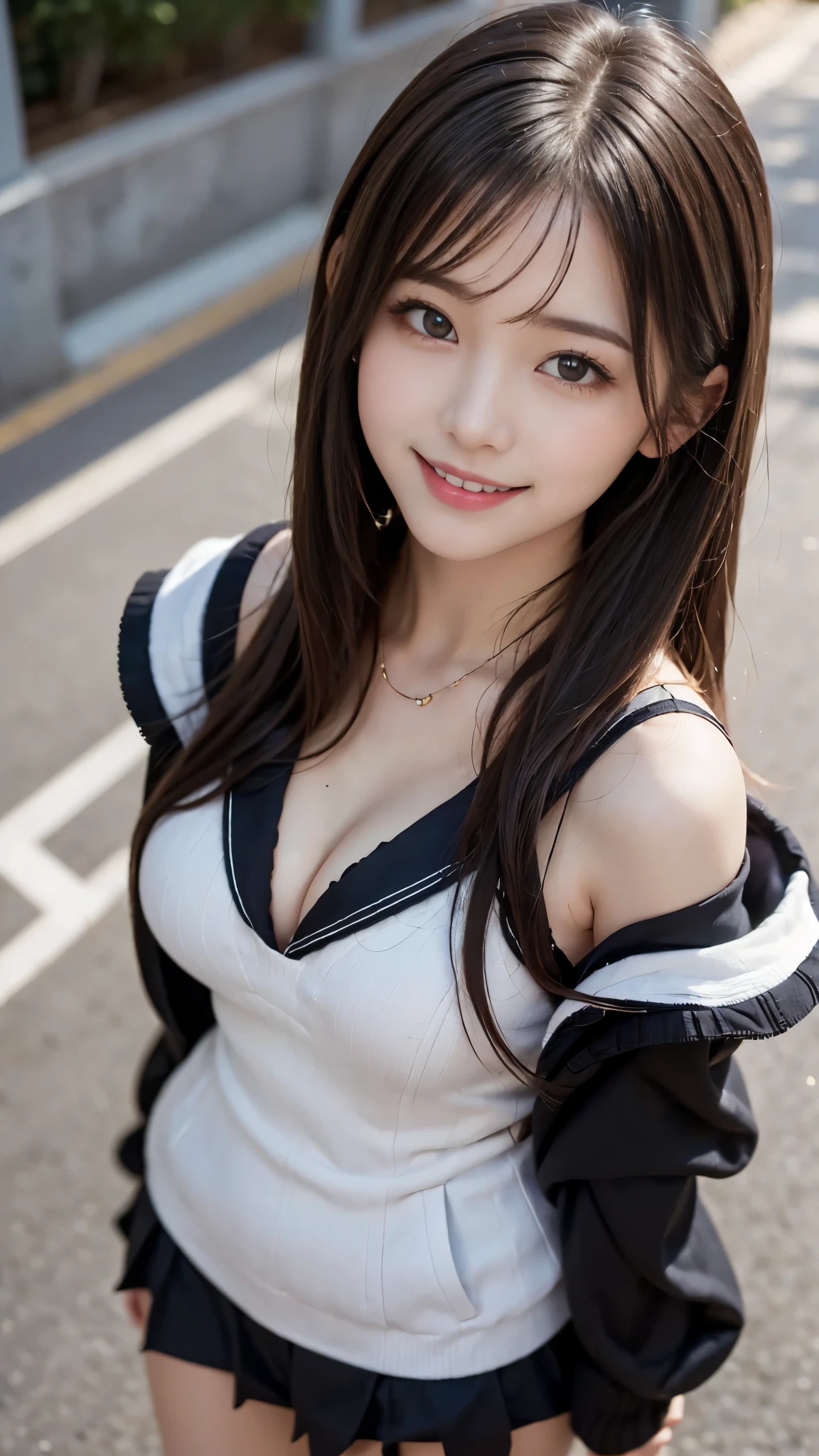 ((highest quality、masterpiece、High resolution))、(((Zoom photo from above)))、(A shy smile:1.2)、One 15-year-old female、Beautiful Skin、Beautiful Eyes、Cleavage、Sailor suit、Black Hair、Shoulder hair
