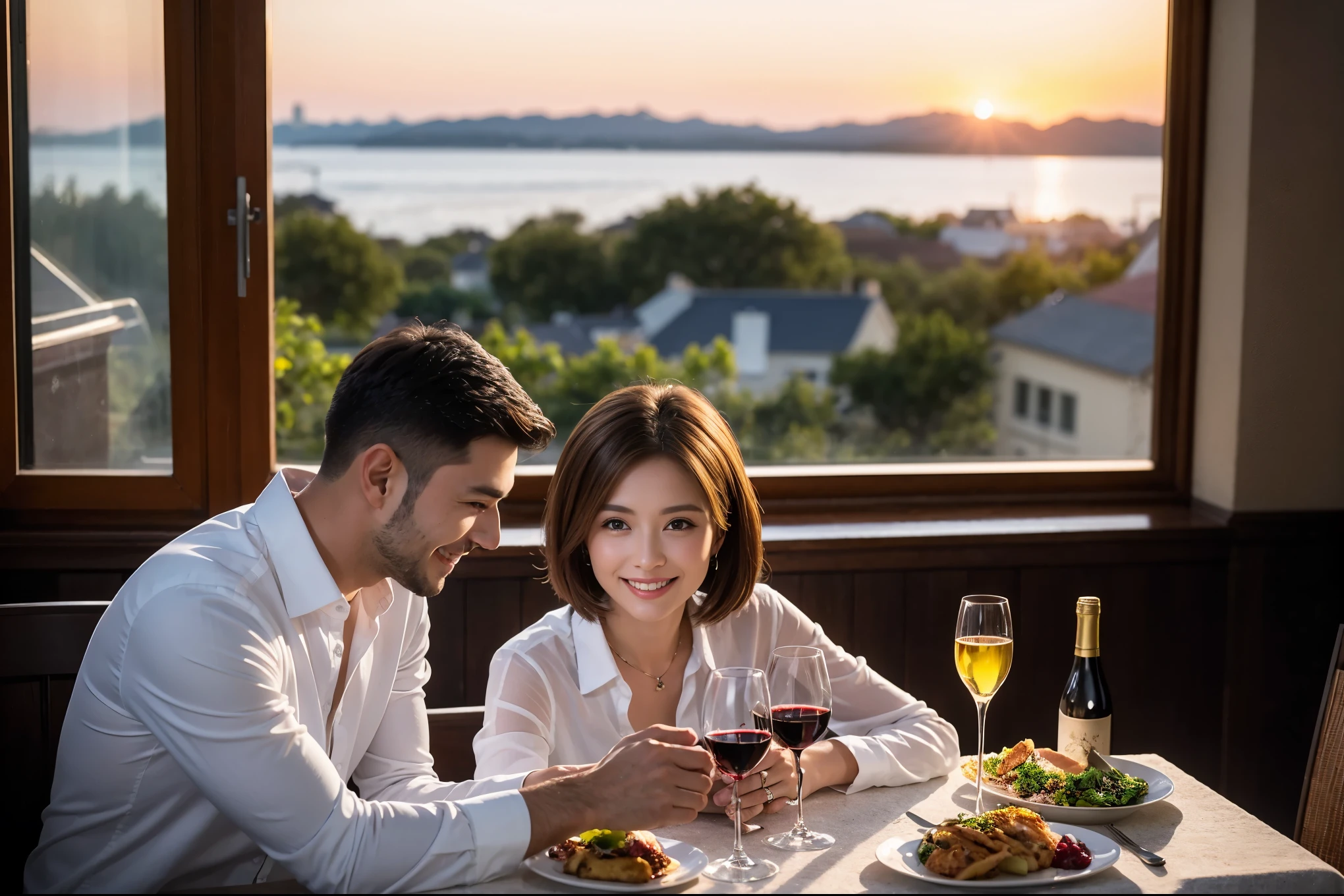 ((highest quality、8k、masterpiece:1.3))、 (Realistic, Real、Bright image、Intricate details:1.2), Best smile 1 man 1 woman、Beautiful couple、lover、couple、spouse、Beautiful couple、Happy smile、full-course dinner、 (Slim face), (Slim Body), (Brown Hair), (Short Hair), テーブルの上のwine glass、Please put light on my face、 Amazing view of the sunset sky and clouds、 (Age 33), 39 years old, red wine 、Appetizers、Wine bottle、sparkling wine、Long sleeve shirt、dress、White wine, red wine, wine glass,