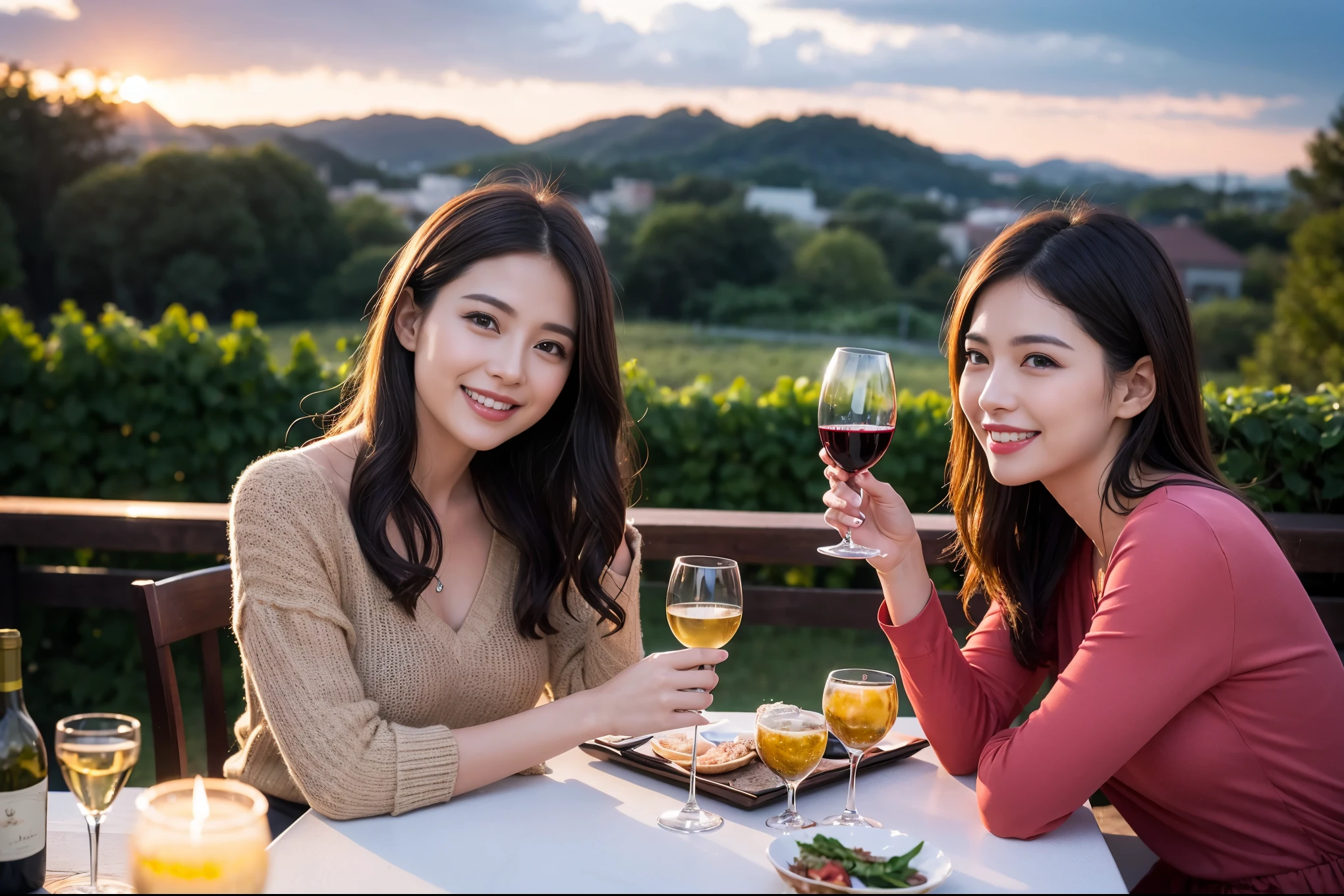 ((highest quality、8k、masterpiece:1.3))、 (Realistic, Real、Bright image、Intricate details:1.2), Best smile 1 man 1 woman、Beautiful couple、lover、couple、spouse、Beautiful couple、Happy smile、full-course dinner、 (Slim face), (Slim Body), (Brown Hair), (Short Hair), テーブルの上のwine glass、Please put light on my face、 Amazing view of the sunset sky and clouds、 (Age 33), 39 years old, red wine 、Appetizers、Wine bottle、sparkling wine、Long sleeve shirt、dress、White wine, red wine, wine glass,