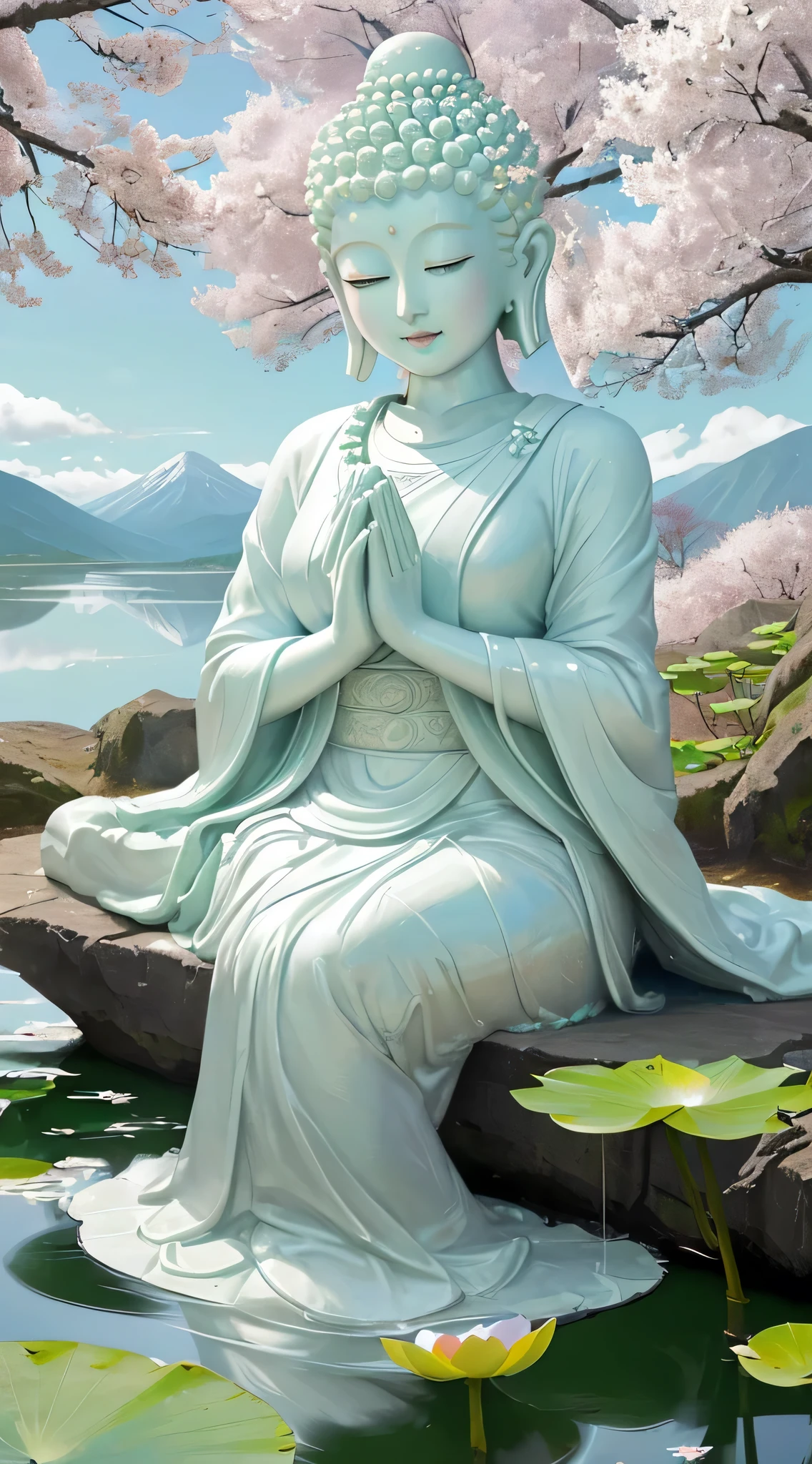 (Masterpiece),(Best quality),(Ultra-detailed), (Body:1.2), 1 Buddha statue, floating in a powerful zen state, with lotus flowers, White skin, Amitayus, sitting on a lotus flower, Chant the Buddha's name with both hands, temples, wearing an outfit, White skin, face round, kind, gentle, look, Mountains, green trees, Cherry blossoms, forest, Birds, Clouds, dew, En plein air, Bright, fresh, Green, White skin, (Beautiful detailed face), (Eyes closed), (surrealism),