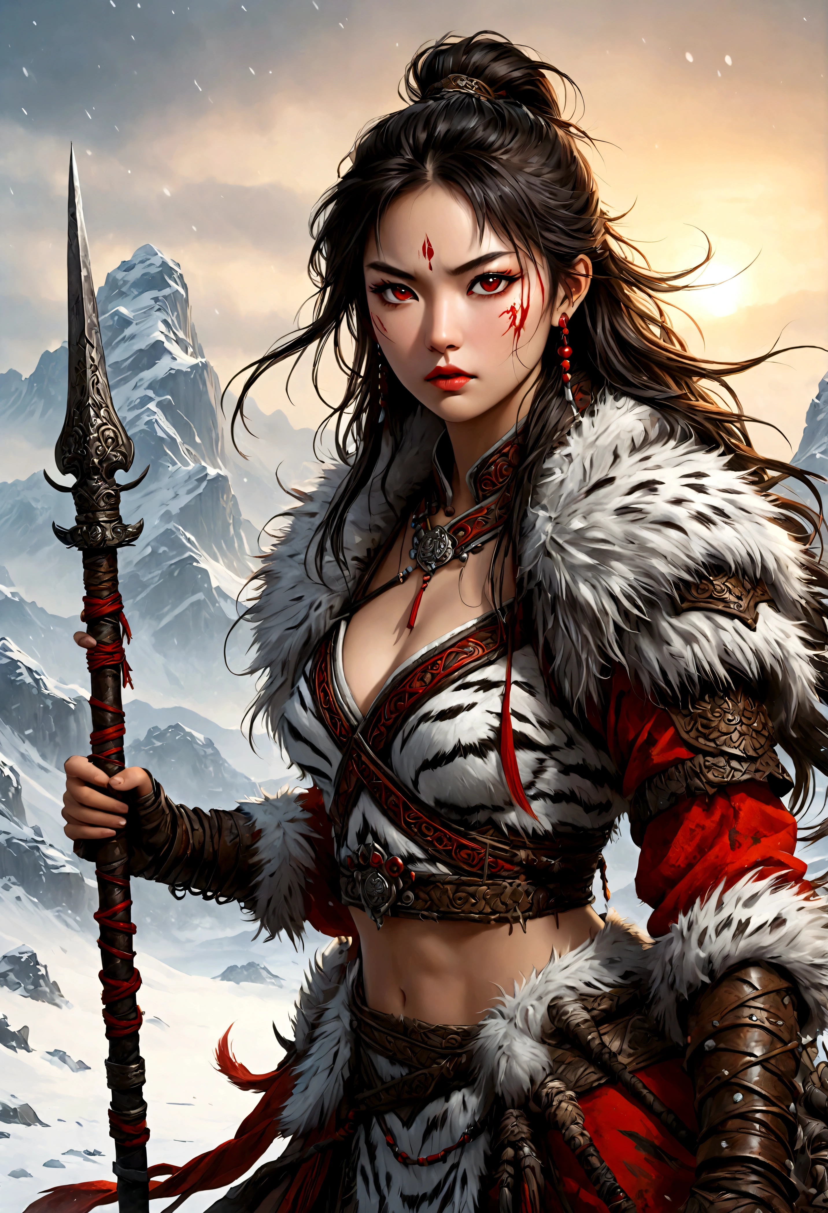 (best quality,4k,8K,high resolution,masterpiece:1.2),Very detailed,(actual,photoactual,photo-actual:1.37),Thick fur winter coat,Creative fusion of traditional Chinese design patterns and contemporary elements, High Ponytail，There is blood on the face，Red paint， Strong expression, Full of energy, Sharp eyes, 1 warrior, Handsome face, Tiger beast, Epic Fantasy Character Art, wearing intricate fur armor, Luis Royo (Luis Royo) style, Northern female warrior holding a spear, HDR, Ultra high quality, Studio Lighting, Ultra-fine, Be focused, Physically Based Rendering, Very detailed description, professional, Vibrant colors, Bokeh, portrait, landscape