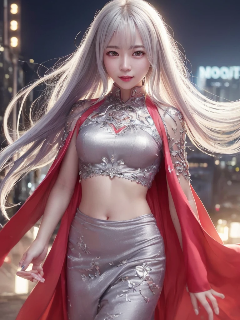 highest quality、8k Masterpiece、超A high resolution、(Photorealistic:1.3)、RAW Photos、1 girl、Silvery white hair、Glowing Skin、1. Super-beautiful Cyberpunk Soldiers、((Ultra-Realistic Details))、Portrait、Global Illumination、Shadow、Octane Rendering、8k、Super sharp、Metal、Cold colors、Very intricate details、Realistic Light、CGSoation Trend、Beautiful and shining eyes、Beautiful breasts、Beautiful ass、To the camera、Neon Details、smile、Super kind、whole body、Crimson Hanfu、Swaying in the Wind、20-year-old、Fantasy、The background is the rooftop of a Manhattan building.