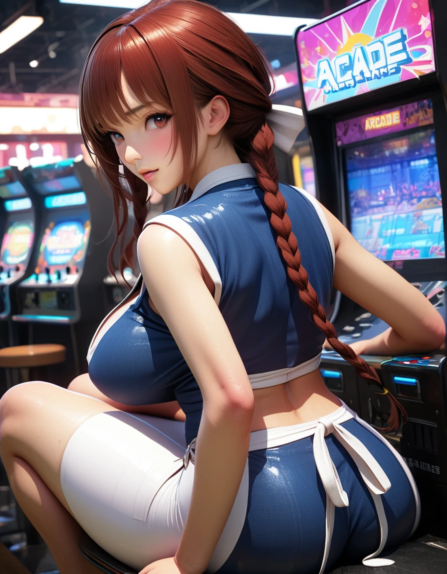 1girl, Kasumi,DOA, analog technology, mechanical delay, sitting，look back，play arcade game, arcade ，masterpiece, best quality, high quality, extremely detailed，anatomy correct，Blue pelvic curtain with white trim, creamy white yoga pants:2, brown eyes, brown hair, long hair, braids, large breasts, blue ninja suit with white trim,Red hair tie，realistic，3d，skin texture