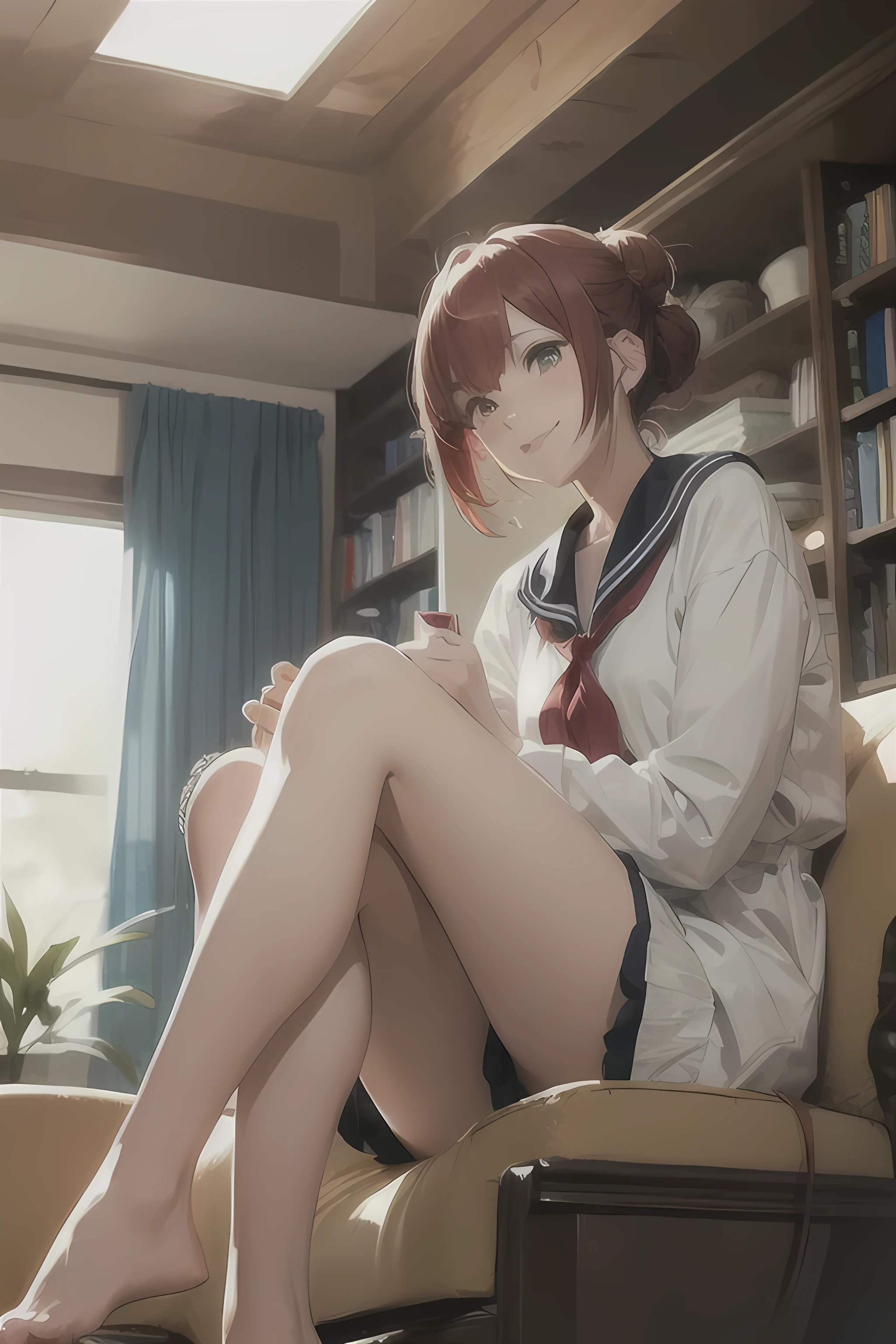 female (18 years old, red hair in a bun with loose strands framing the face, large expressive brown eyes, anime-style facial features, smooth pale skin, wearing a sailor-style , barefoot) is sitting in a chair in a cozy living room, (comfortable furniture, warm lighting, modern decor, a coffee table with books and a plant, large windows with sunlight streaming in), (barefoot, legs crossed, confident and relaxed posture, smiling), viewed from a low angle looking up, BREAK, quality (8k, wallpaper of extremely detailed CG unit, masterpiece, high resolution, top-quality, top-quality real texture skin, hyper realistic, increase the resolution, RAW photos, best quality, highly detailed, the wallpaper, cinematic lighting, ray trace, golden ratio), long view, anime-style character, anime aesthetic, anime face, realistic background