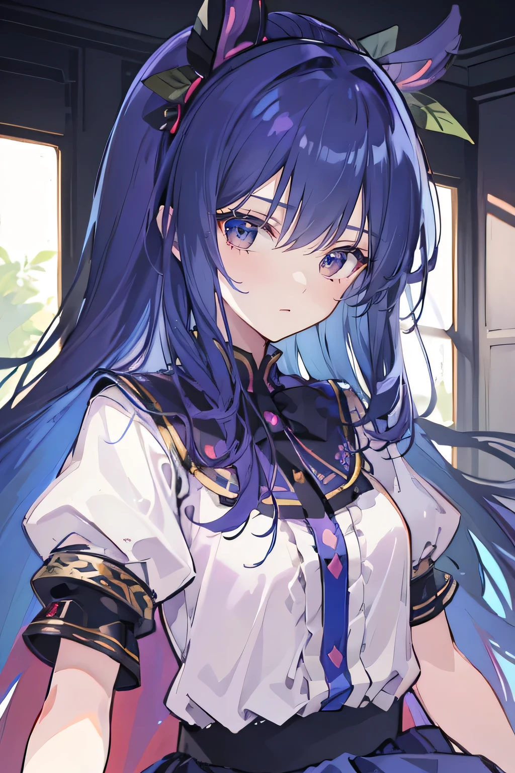 (Best Quality: 1.3), (Masterpiece: 1.3), (Illustration: 1.3), (Ultra Detailed: 1.3), (Imide Lens: 0.9), 1girl, Medium Breasts, Purple Eyes, ((Dark Blue Hair) ), hair accessories, young, clothing-gladiia, long hair, dark blue hair, indoors, black shorts, high socks, low ponytail, expressionless, upper body, close-up, coat, skirt,