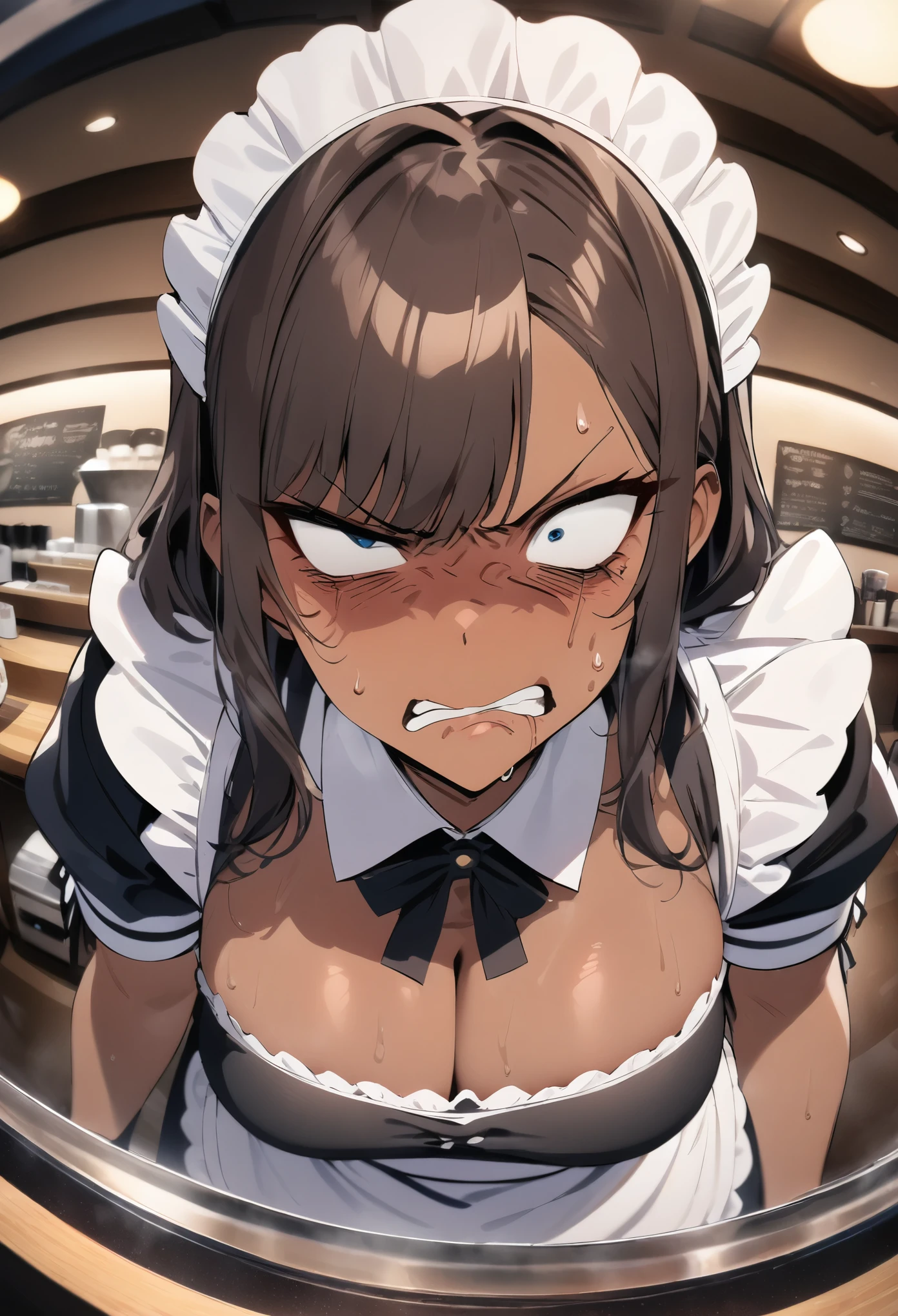 (masterpiece, best quality:1.2),solo, (1 female,Maid),dark skin,sweating skin,in a coffee shop,(scowl, disdain, endured face),(Disgusted Look:1.9),[fisheye]