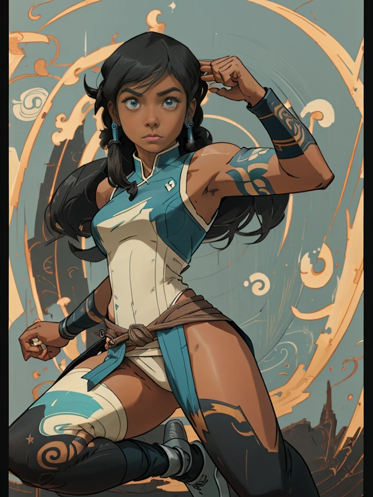 1girl, solo, (masterpiece), best quality, ultra-detailed, Korra from Avatar, Retro style, full body. fashion cloth, fancy. avatar mode, darker skin