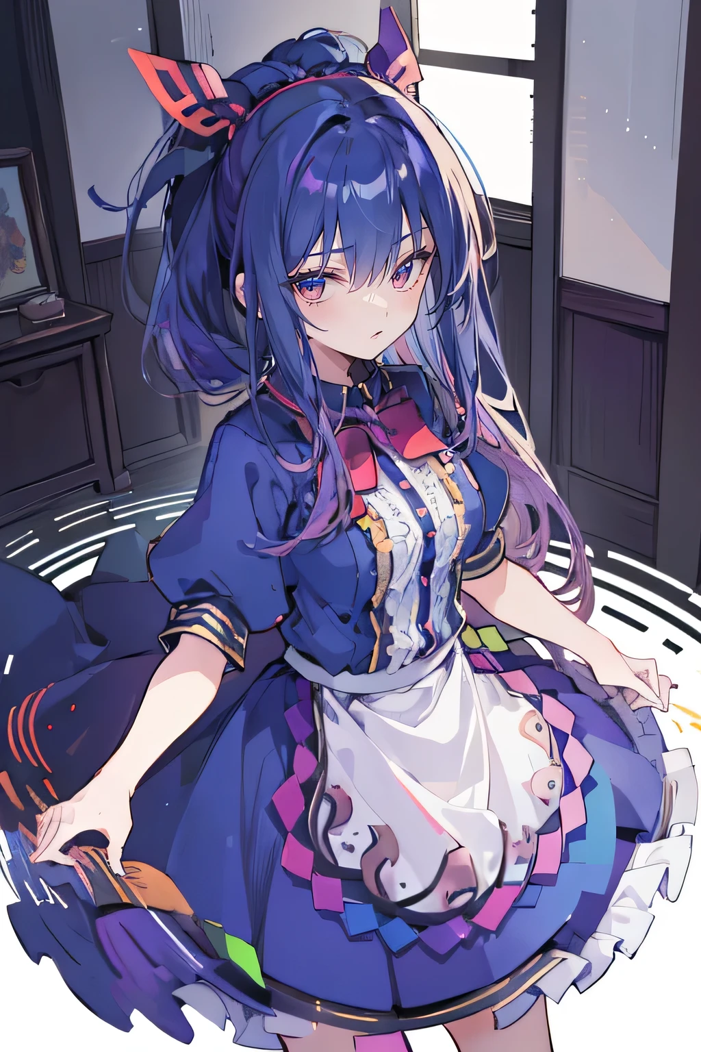 (Best Quality: 1.3), (Masterpiece: 1.3), (Illustration: 1.3), (Ultra Detailed: 1.3), (Imide Lens: 0.9), 1girl, Medium Breasts, Purple Eyes, ((Dark Blue Hair) ), hair accessories, young, clothing-gladiia, long hair, dark blue hair, indoors, black shorts, high socks, low ponytail, expressionless, upper body, close-up, coat, skirt,