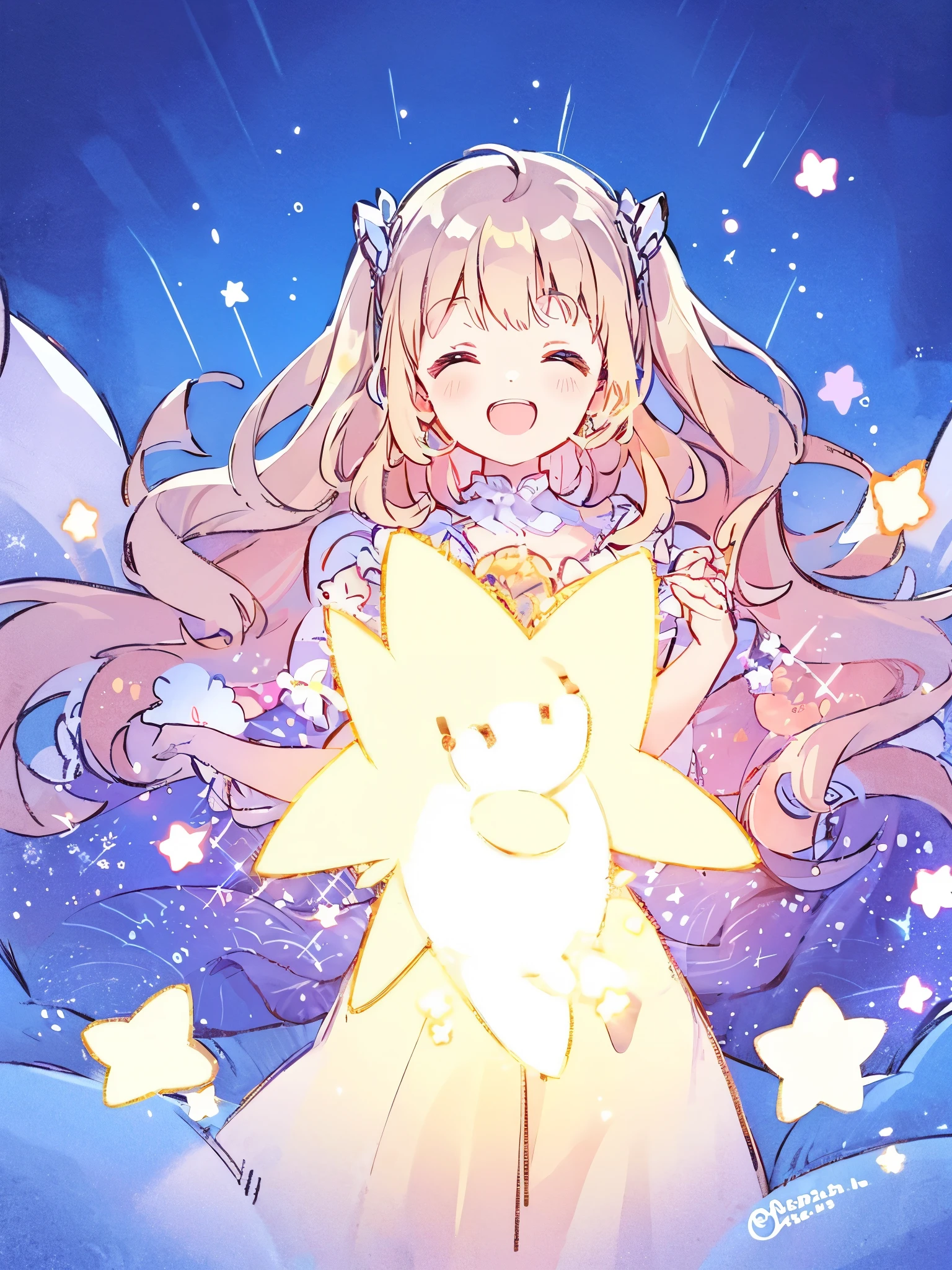 wishing star background, woman surrounded by flowing translucent fabric that reflects the stars, happy closed eyes smile, woman holding a glowing star in her hands, magical, complex drawing, highly detailed, ethereal, starry night, midjourney style