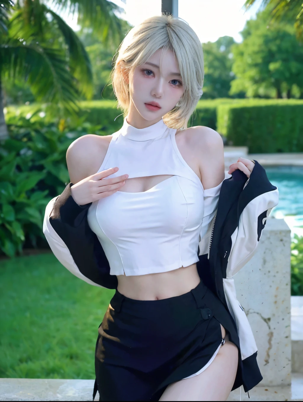 Beautiful woman with perfect figure:1.4,Layered hairstyle,White skin,Prominent cleavage,Bikini:1.5,Super short pleated skirt,whole body,Very delicate facial and skin texture,Double eyelids,Skin Whitening,Long white hair