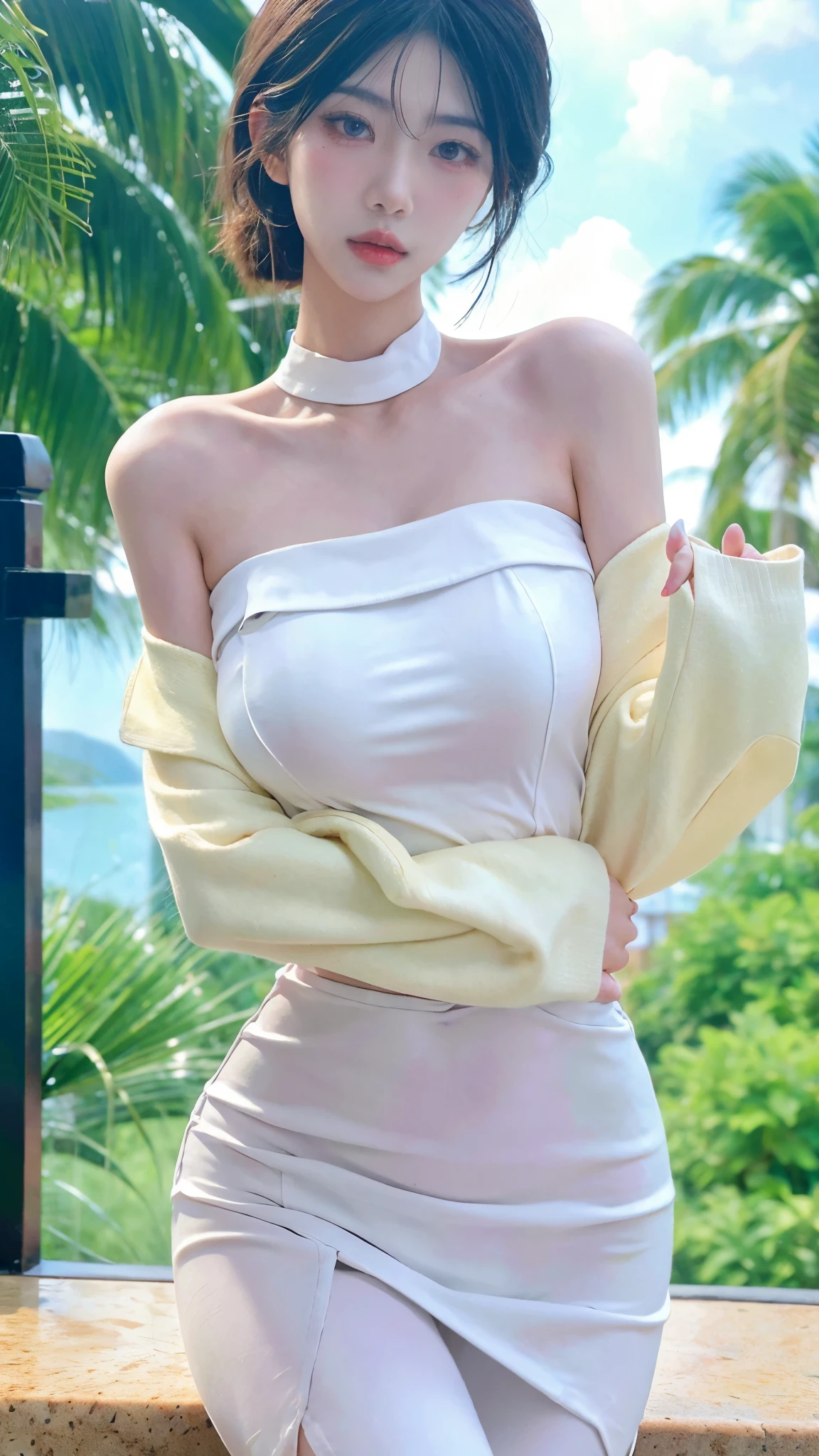 Beautiful woman with perfect figure：1.4，Layered hairstyle，White skin，Prominent cleavage，Bikini：1.5，Super short pleated skirt，whole body，Very delicate facial and skin texture，Double eyelids，Skin Whitening，Long white hair