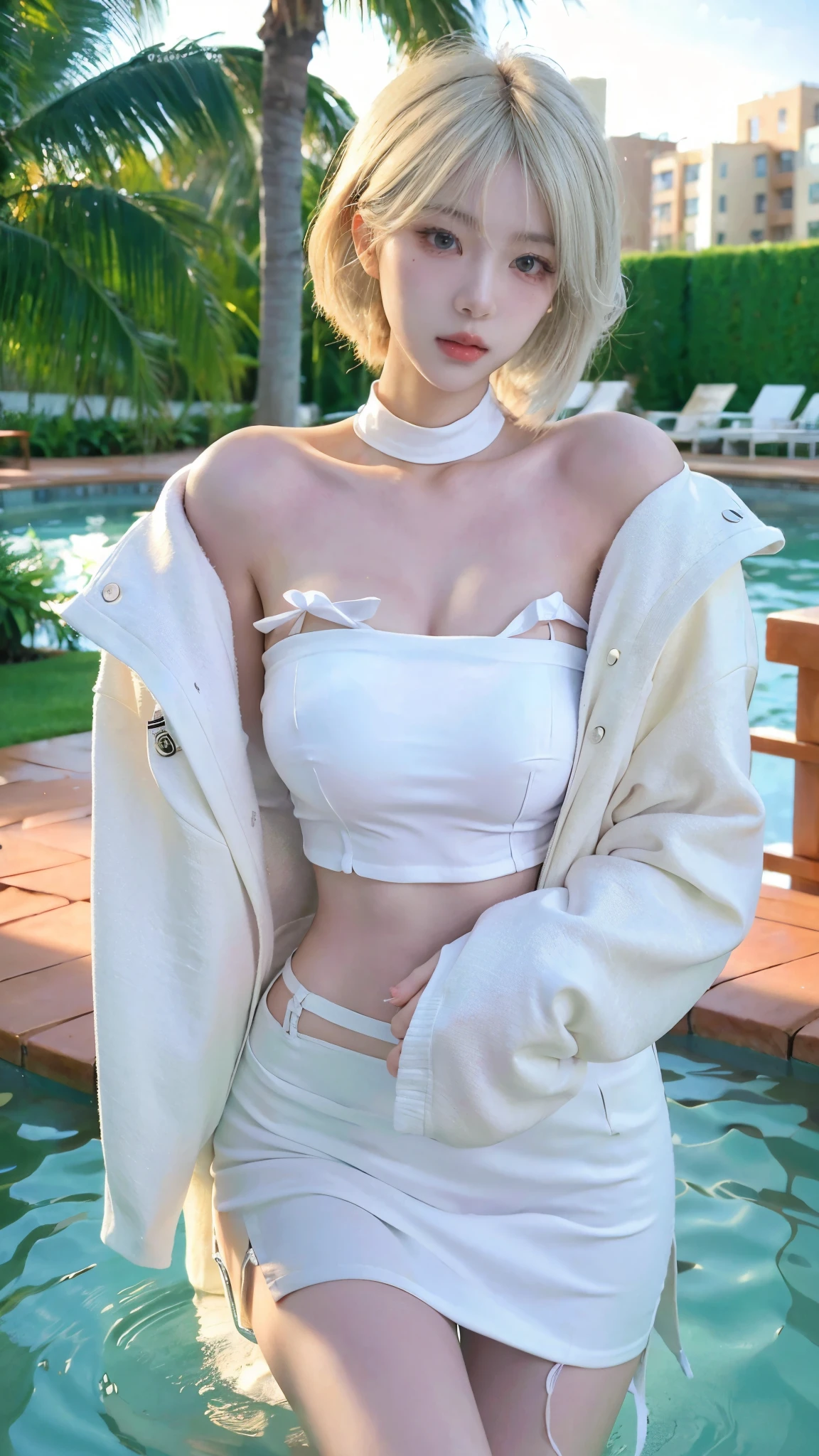 Beautiful woman with perfect figure:1.4,Layered hairstyle,White skin,Prominent cleavage,Bikini:1.5,Super short pleated skirt,whole body,Very delicate facial and skin texture,Double eyelids,Skin Whitening,Long white hair