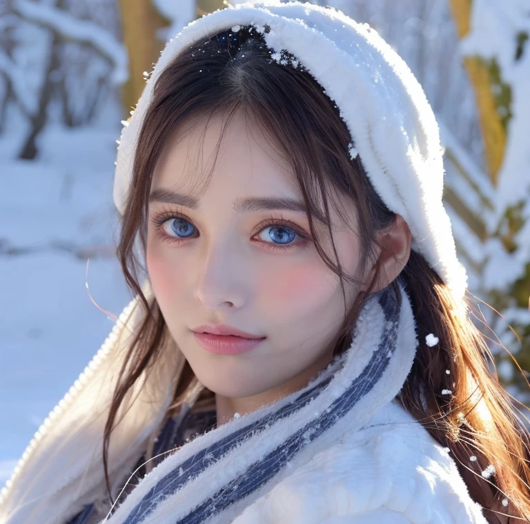 Beautiful girl, blue eyes, white hair, detailed facial traits, national turkic female dress, naked breasts, yurta behind, it's snowing