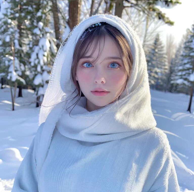 Beautiful girl, blue eyes, white hair, detailed facial traits, national turkic female dress, naked breasts, yurta behind, it's snowing