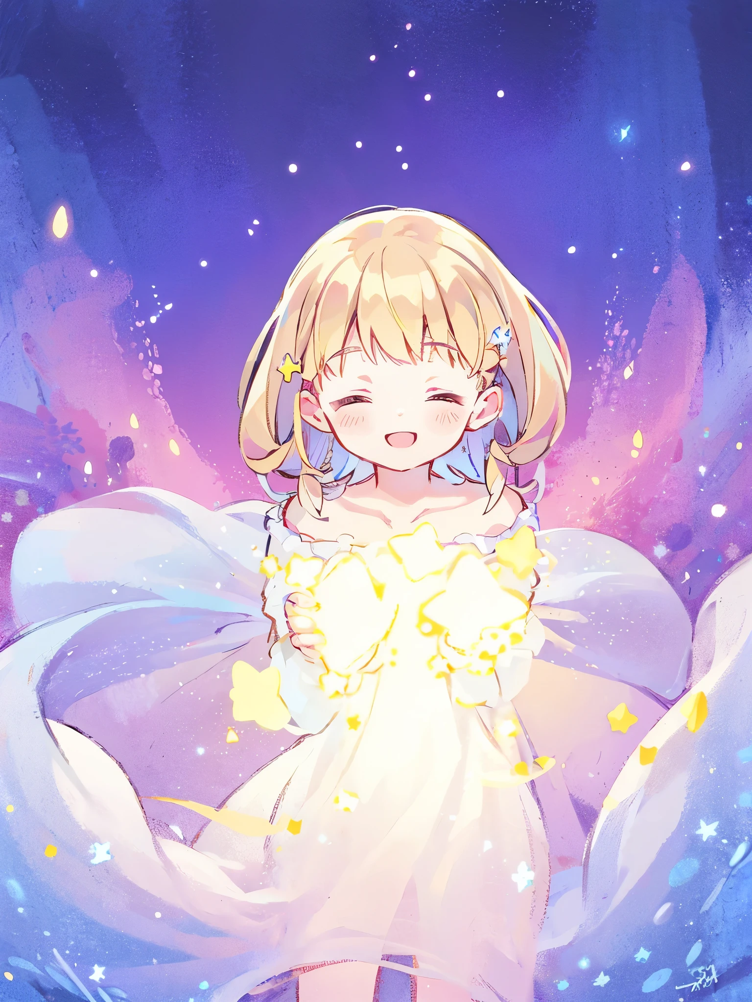 wishing star background, woman surrounded by flowing translucent fabric that reflects the stars, happy closed eyes smile, woman holding a glowing star in her hands, magical, complex drawing, highly detailed, ethereal, starry night, midjourney style