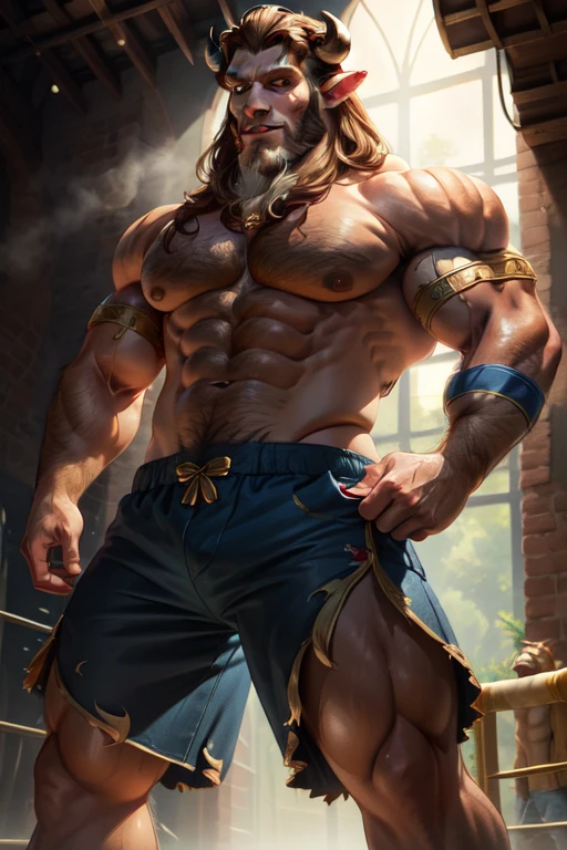 image of the Beast from the movie Beauty and the Beast, a close-up of a man with horned head and blue shorts, muscular, muscular and scary lion, brown blue, muscular, elbow pads, arm bands, topless male, red and white tight pants, underground fight club, standing, smile, (insanely detailed, beautiful detailed face, masterpiece, best quality) solo, beard, school, playground, muscles, facial hair, volumetric lighting, depth of field, wheezing, raised crotch, handsome action, big dynami