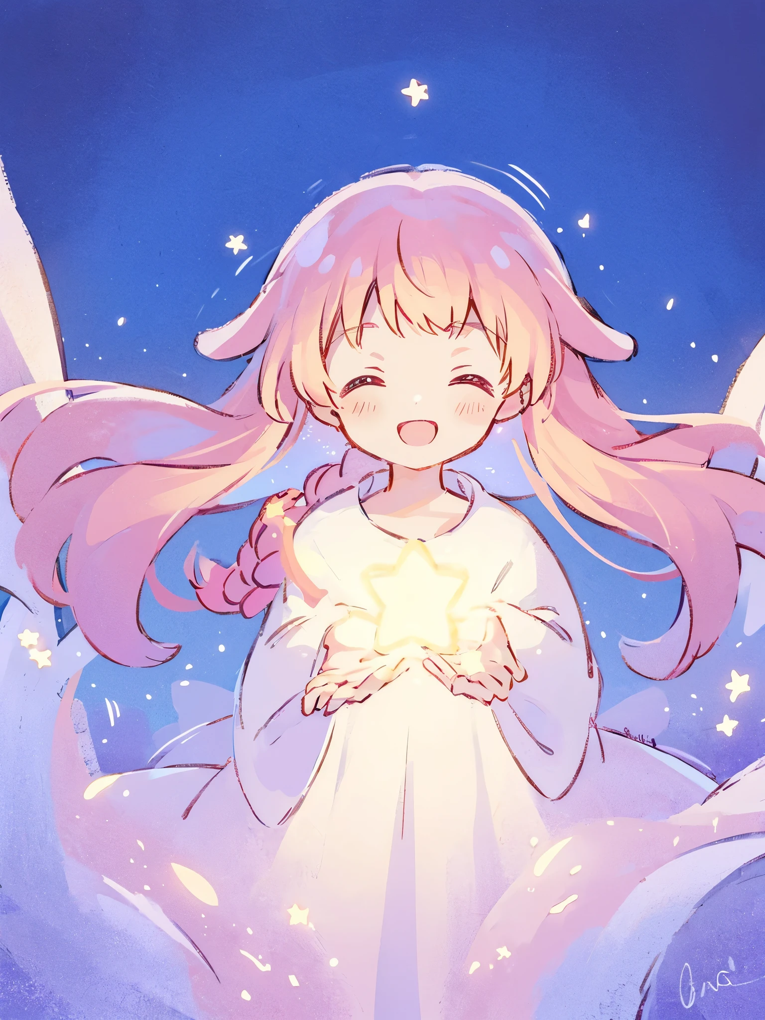 wishing star background, woman surrounded by flowing translucent fabric that reflects the stars, happy closed eyes smile, woman holding a glowing star in her hands, magical, complex drawing, highly detailed, ethereal, starry night, midjourney style