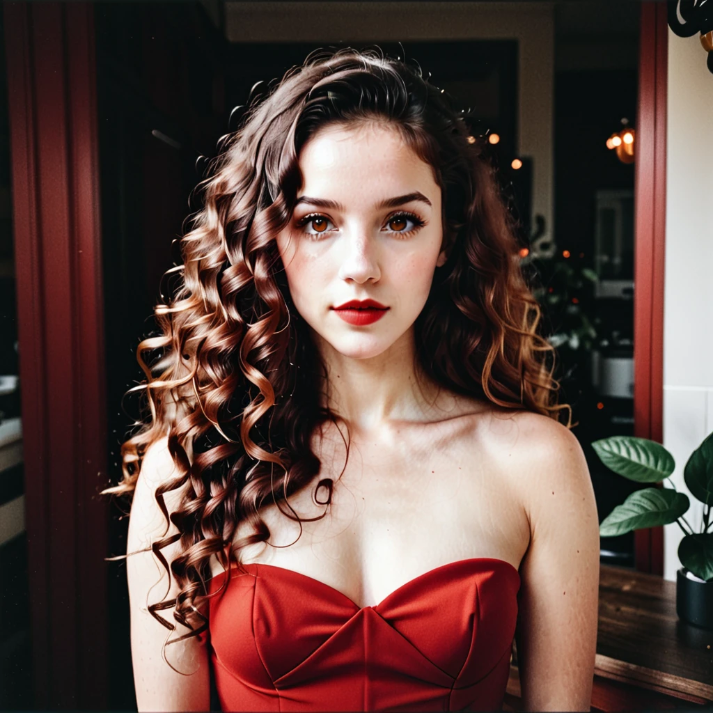 [white-skinned topless woman:1.2, long curly hair:1.2, elegant red dress, snub-nosed, bright brown eyes], half body, VSCO filter: C8)