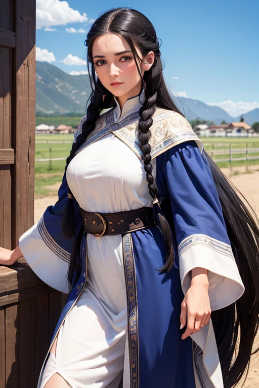 Uma Elfa Feminina,long silky black hair in braids,blue eyed sky, labios finos, rosto redondo,seios enormes,cuidadora de cavalos,Elfa Feminina,humble clothes working in stable full of horses