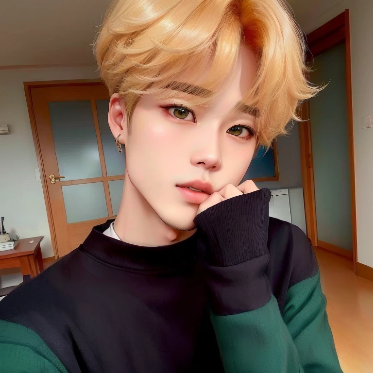 Blonde hair girl with green eyes and a black sweater., park Jimin, Jimin\los labios carnosos, con pelo corto, Jimin, Jung Jaehyun, kim doyoung, Jimin\'s grecian nose, accurate Jimin face, pintar ulzzang, Jimin\his right eyelid is swollen, kim taejin, pale korean adorable face, jinyoung shin, Hong June Hyung