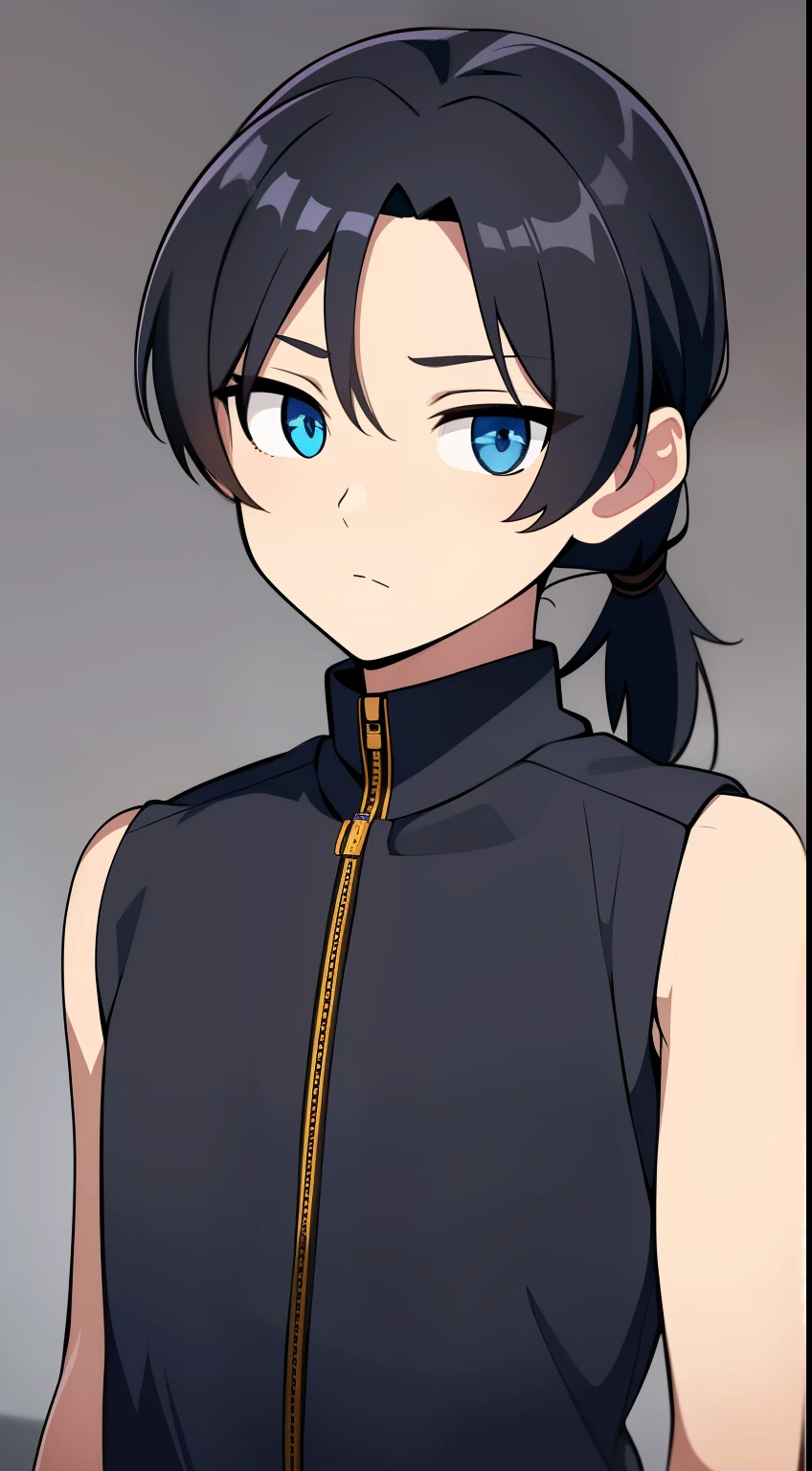 (high-quality, breathtaking),(expressive eyes, perfect face) Symmetrical Eyes, short, age 10, upperbody, 1boy, male, bright blue eye color, black hair color, grey background, medium hair length, tied back hair, ponytail, braid hair, black skin, sleeveless jacket, long sleeved shirt, jeans, childlike face