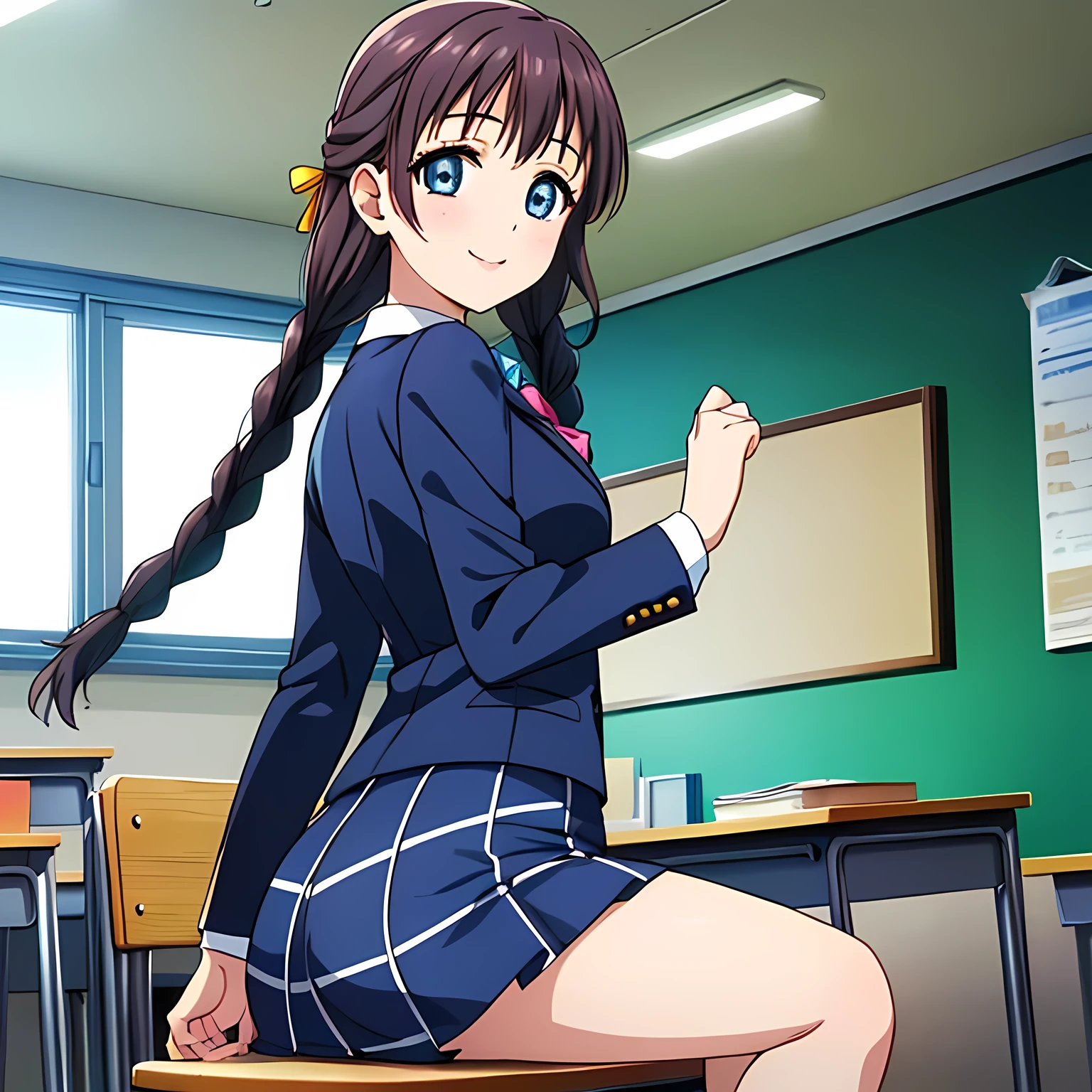 (highest quality, masterpiece:1.2), highest quality, High resolution, 1080p, 8K, Height: 158cm, High-definition anime-style CG, ((A very noble, pretty and neat beautiful girl of the game heroine is sitting on a chair in a school classroom.、Looking back and smiling gently)), He tries to hide his shocked mouth with his hands., A face that everyone loves, Glossy lips, Even bangs, Double, Long eyelashes on both the top and bottom, Wide-open blue eyes, detailed in detail, The very large red shiny wide ribbon bowtie is very cute., ((Black Hair)), ((long twin braids)), (((A long, neat, checkered pleated skirt with dark navy blue checks.))), (((Dark blue winter long sleeve blazer))), How to wear a neat uniform, Extremely lustrous, shiny game heroine lips, Mouth open, Ribbon in hair, Tight waist, The ribbon is big and very pretty.