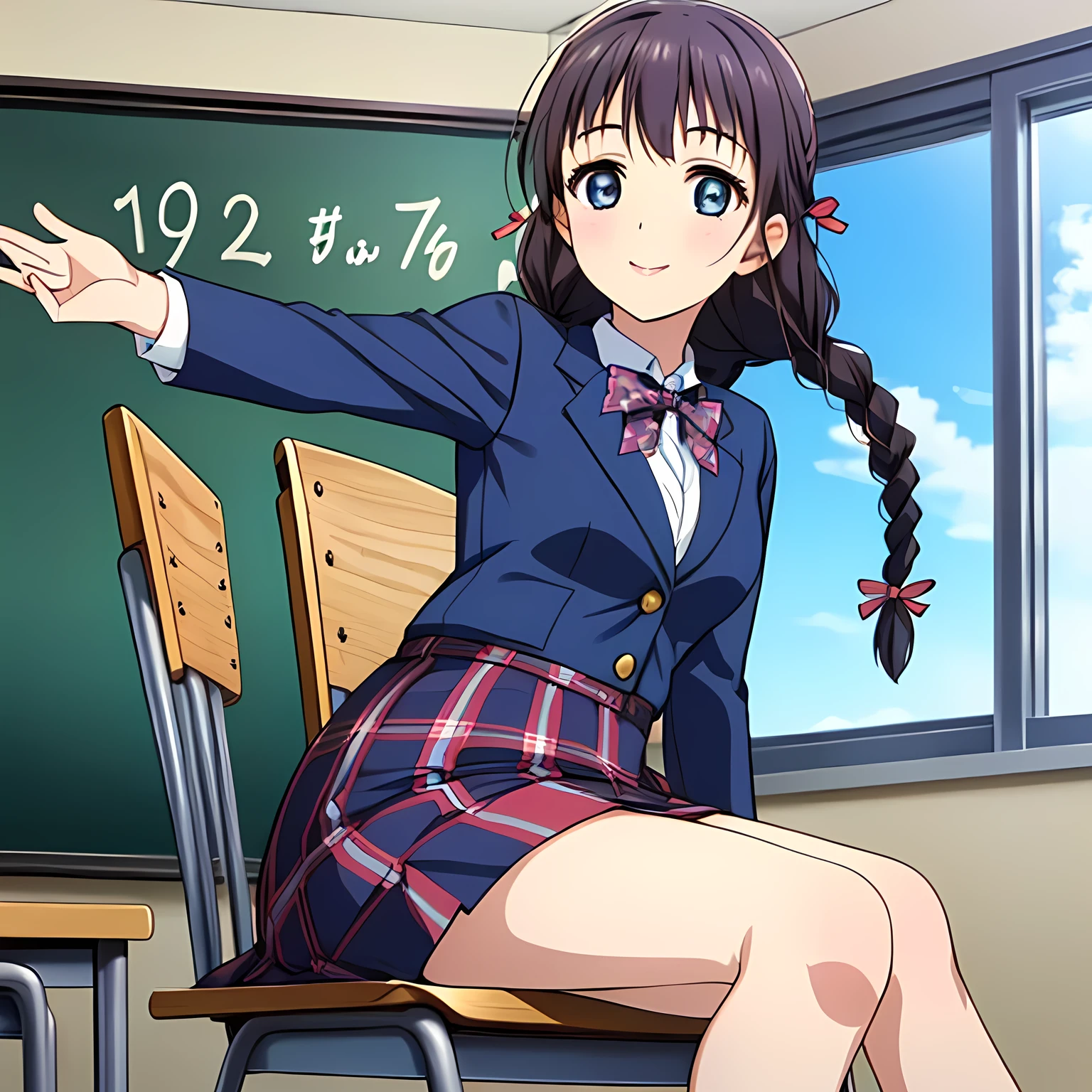 (highest quality, masterpiece:1.2), highest quality, High resolution, 1080p, 8K, Height: 158cm, High-definition anime-style CG, ((A very noble, pretty and neat beautiful girl of the game heroine is sitting on a chair in a school classroom.、Looking back and smiling gently)), He tries to hide his shocked mouth with his hands., A face that everyone loves, Glossy lips, Even bangs, Double, Long eyelashes on both the top and bottom, Wide-open blue eyes, detailed in detail, The very large red shiny wide ribbon bowtie is very cute., ((Black Hair)), ((long twin braids)), (((A long, neat, checkered pleated skirt with dark navy blue checks.))), (((Dark blue winter long sleeve blazer))), How to wear a neat uniform, Extremely lustrous, shiny game heroine lips, Mouth open, Ribbon in hair, Tight waist, The ribbon is big and very pretty.