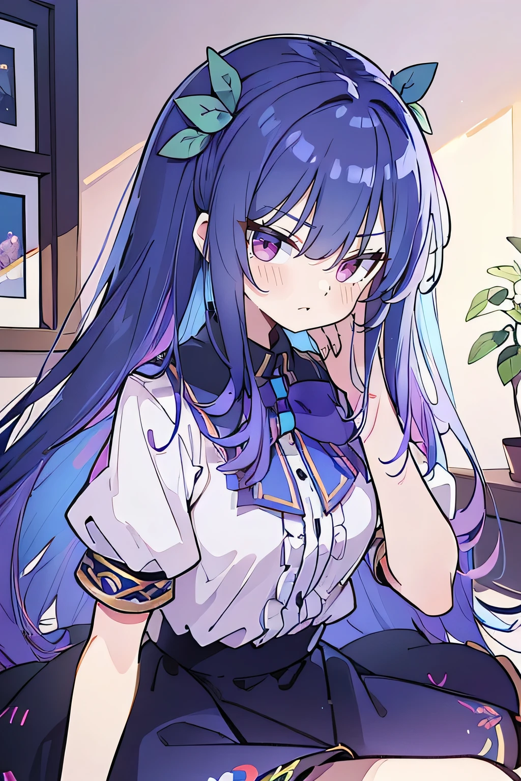 (Best Quality: 1.3), (Masterpiece: 1.3), (Illustration: 1.3), (Ultra Detailed: 1.3), (Imide Lens: 0.9), 1girl, Medium Breasts, Purple Eyes, ((Dark Blue Hair) ), hair accessories, young, clothing-gladiia, long hair, dark blue hair, indoors, black shorts, high socks, low ponytail, expressionless, upper body, close-up, coat, skirt,