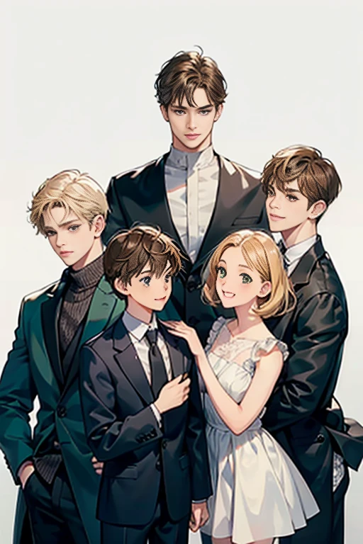 Friends, 3 boys, 1 girl, brothers, different hair color, short dark hair and brown eyes, short blonde hair and green eyes, short brown hair and brown eyes, side by side, suit, smile, white clothe, 25 years old
