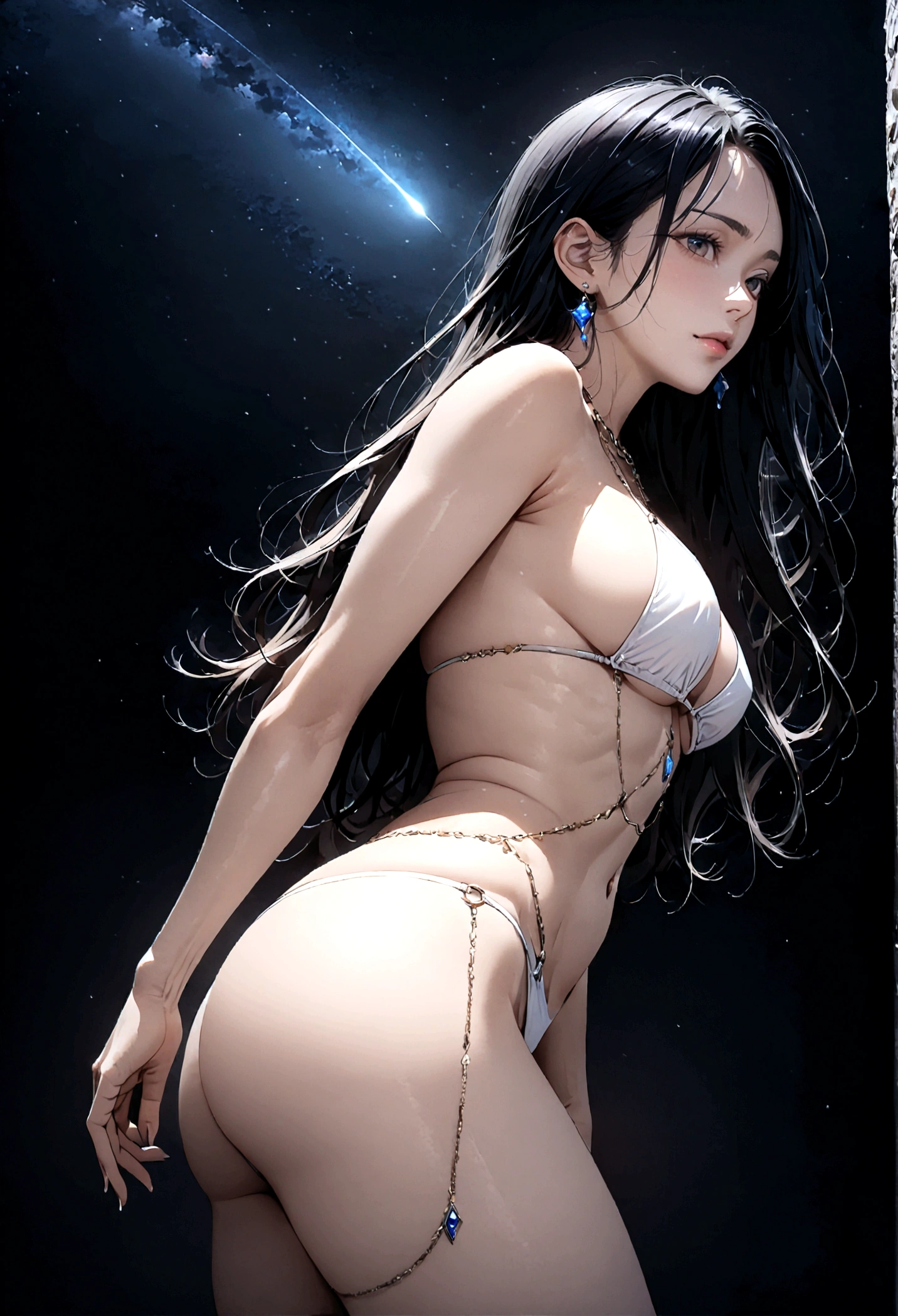 8k, masterpiece, RAW Photos, highest quality, Realistic, Very detailed, Depth of written boundary, Cinematic Light, Anatomically correct body,
One beautiful 40 year old woman, Very beautiful face, Exquisitely detailed face, (A calm and gentle face:1.4), Very delicate skin texture, Transparent muscle, Shiny white skin, Glamorous Body,
(Wavy black long hair:1.2), Sexy Breasts, Sexy ass,
(White Brazilian Bikini:1.4), (Detailed cloth texture:1.2), (Gorgeous jewel-studded body chain accessories:1.3), (Gorgeous necklace:1.1), (Gorgeous earrings:1.1),
(Dark starry background:1.4), (Milky Way:1.1), (milky way:1.1), (shooting star:1.1), (Dark coastline at night:1.4), (Pitch black sea surface:1.4),
(Standing on the beach:1.2),
(Low angle shot:1.5),
