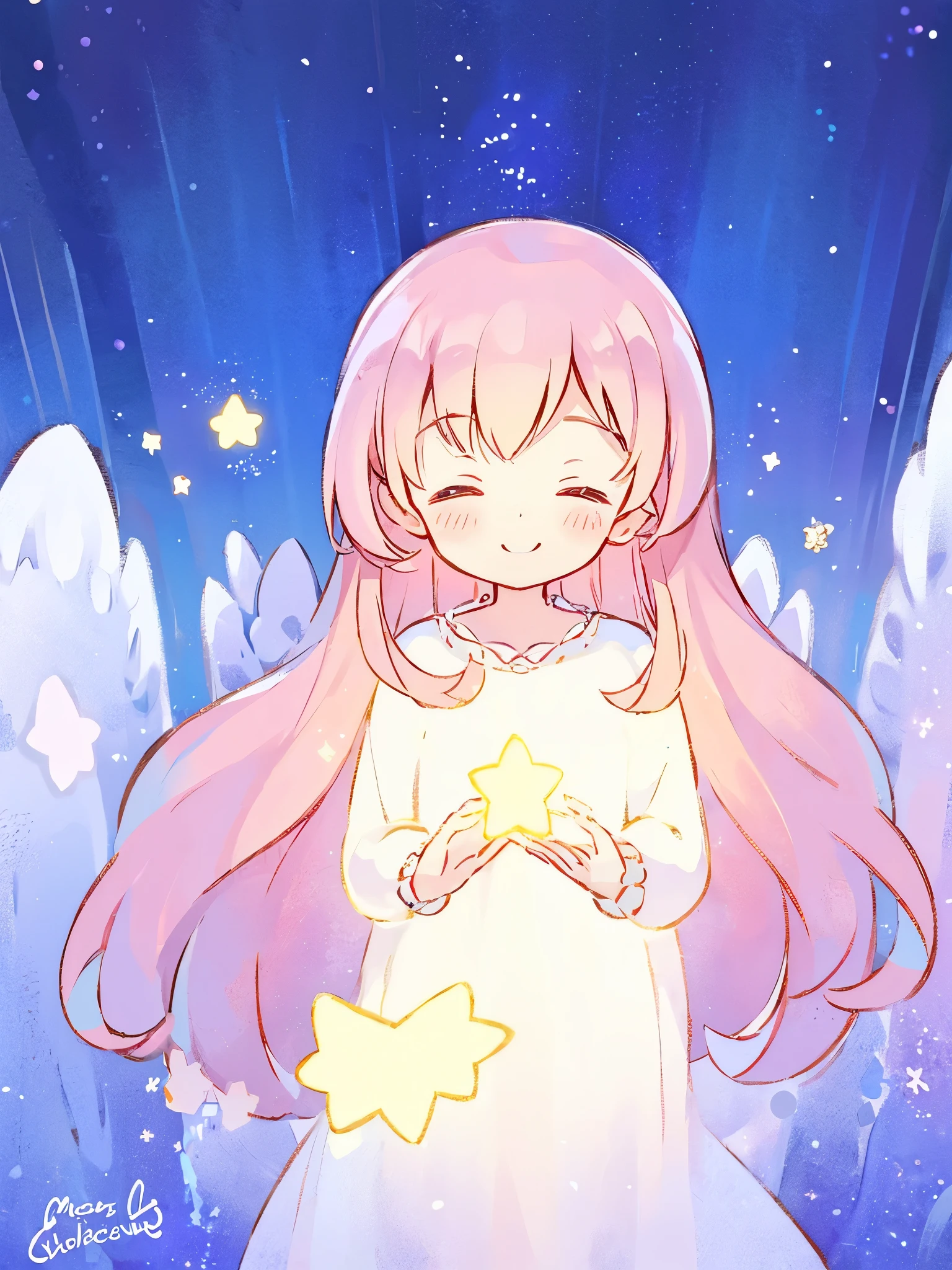 wishing star background, woman surrounded by flowing translucent fabric that reflects the stars, happy closed eyes smile, woman holding a glowing star in her hands, magical, complex drawing, highly detailed, ethereal, starry night, midjourney style