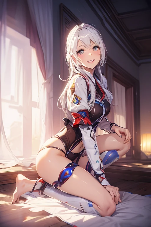 CG, Unity, 8k, wallpaper, highest quality, masterpiece, One girl, Cheerful girl, , (Bright smile: 1.2), barefoot, Best lighting, Complex pupil, Complex weaving,Low - Angle,White Hair,Hair covering one eye,whole body,((White background))