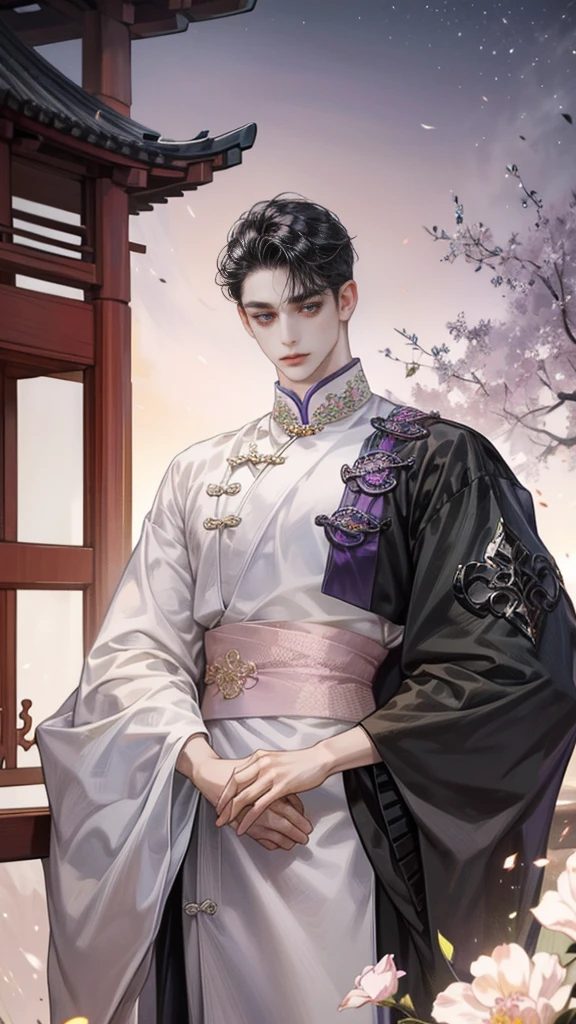 young chinese man,1 person standing,Age 16,Long, flowing, raven black hair.,His face was sharp and unmistakable.,Bright purple eyes glowed.,Thin, pale pink lips,tall and thin,Thin,She was wearing only a long, pure purple traditional Chinese dress.,