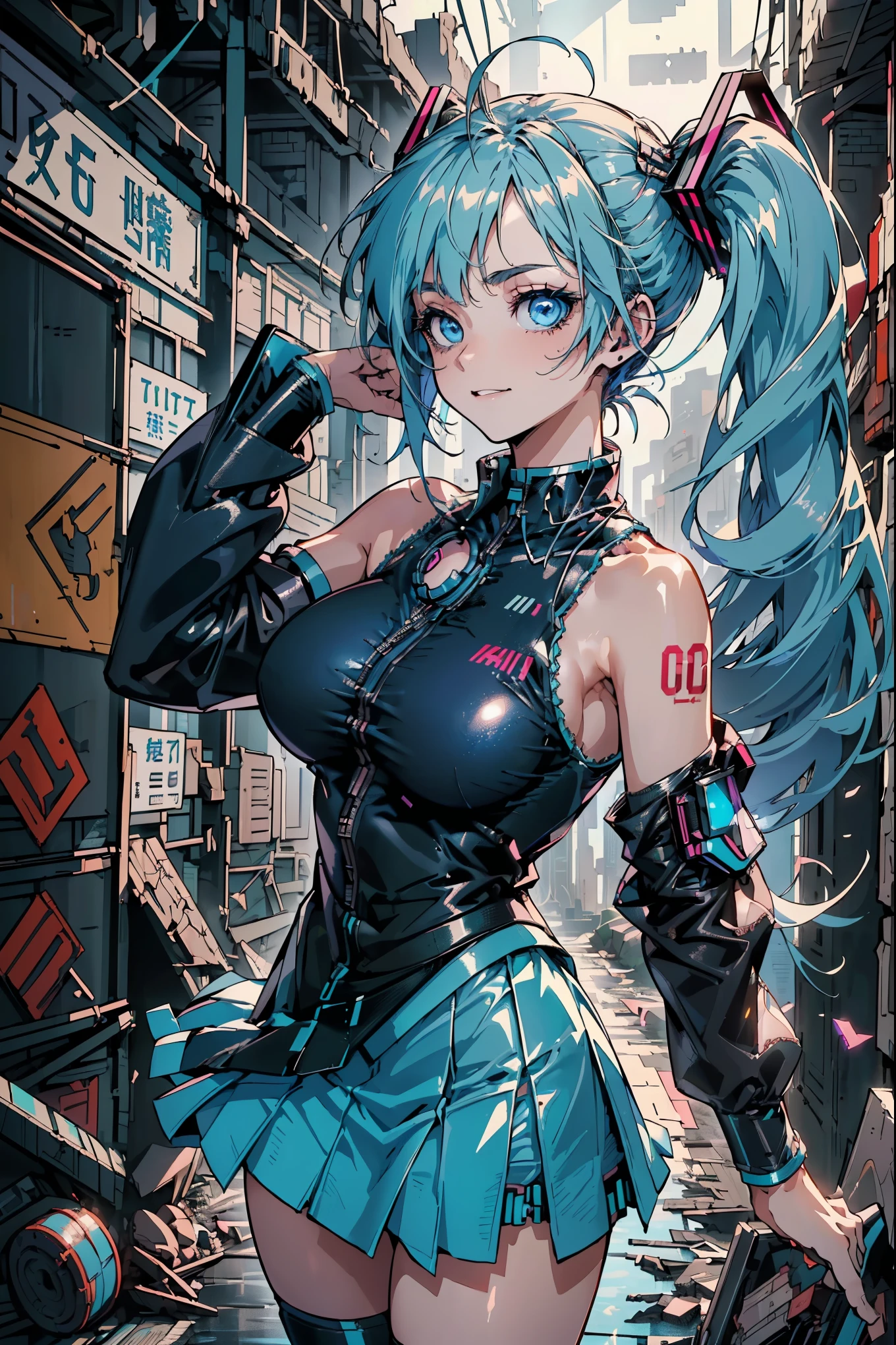 (best quality,high resolution,Ultra Detailed,Practical), Hatsune Miku, ,(Ruins alley Tokyo cyberpunk dungeon ruins background :1.4 ), Large Breasts, Dynamic poses , (Green hair with double ponytails) ,(Mini skirt white corta:1.4), 很long头发) , put your arms behind your back, blue eyes, Bright Eyes, Relaxed face, Eyebrow, Shiny hair,,(Ruined dungeon ruins background:1.4 ), shiny skin, Smile, racing future, Bold, Bomber Jacket, White jacket, Long sleeve, Two color gloves, High boots,,(Ruined dungeon ruins background nublado lluvia :1.4 ),(masterpiece: 1.4), (8K, Realist, original photo, best quality: 1.4),(Hatsune Miku:1.4), (Hatsune Miku V2.1), (facial details: 1.5, (beautiful blue eyes :1.4) , Pretty Face, beautiful eyes, Iris lining, labios Delgados: 1.5, Delgado, 淡而尖的Eyebrow, long, Dark eyelashes, double eyelashes),Perfect hands: 1.5, (Kinematics V2.1),( Dynamic poses), (Perfect anatomical structure), (Surface details :1.4), (not a mutation) huge , Crazy breast swelling, Chest larger than shoulder blades, Big breasts and thin waist，(huge breasts:1.2)，Hydrated skin（（rogue））（（非常huge乳房）），（（Grooves reveal original skin）) 