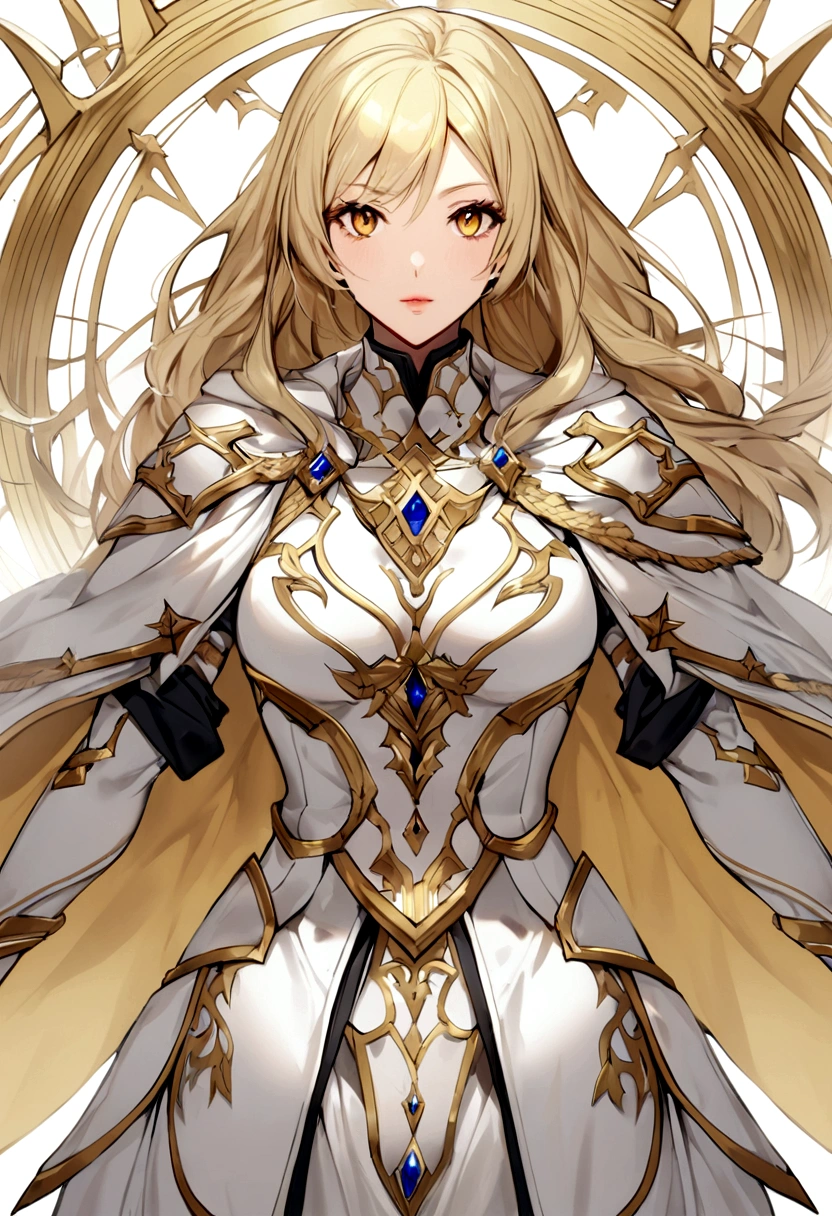 a mature woman of 26 years with long blonde hair, yellow eyes, wearing a white paladin outfit armor with a cape