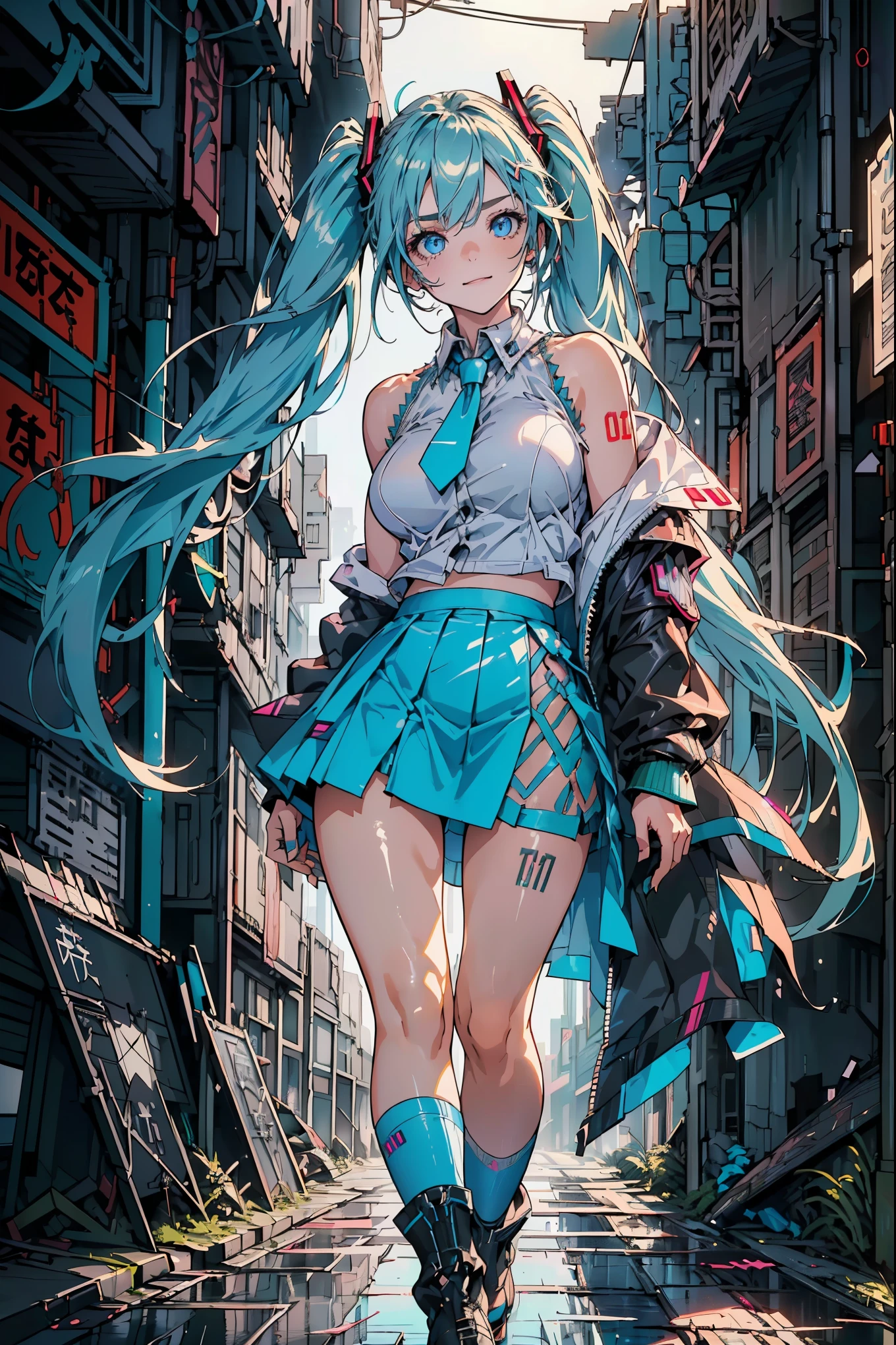 (best quality,high resolution,Ultra Detailed,Practical), Hatsune Miku, ,(Ruins alley Tokyo cyberpunk dungeon ruins background :1.4 ), Large Breasts, Dynamic poses , (Green hair with double ponytails) ,(Mini skirt white corta:1.4), 很long头发) , put your arms behind your back, blue eyes, Bright Eyes, Relaxed face, Eyebrow, Shiny hair,,(Ruined dungeon ruins background:1.4 ), shiny skin, Smile, racing future, Bold, Bomber Jacket, White jacket, Long sleeve, Two color gloves, High boots,,(Ruined dungeon ruins background nublado lluvia :1.4 ),(masterpiece: 1.4), (8K, Realist, original photo, best quality: 1.4),(Hatsune Miku:1.4), (Hatsune Miku V2.1), (facial details: 1.5, (beautiful blue eyes :1.4) , Pretty Face, beautiful eyes, Iris lining, labios Delgados: 1.5, Delgado, 淡而尖的Eyebrow, long, Dark eyelashes, double eyelashes),Perfect hands: 1.5, (Kinematics V2.1),( Dynamic poses), (Perfect anatomical structure), (Surface details :1.4), (not a mutation) huge , Crazy breast swelling, Chest larger than shoulder blades, Big breasts and thin waist，(huge breasts:1.2)，Hydrated skin（（rogue））（（非常huge乳房）），（（Grooves reveal original skin）) 