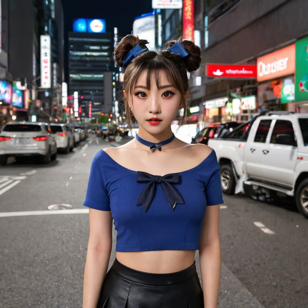 (8k, RAW photo, masterpiece:1.3), (realistic, photo-realistic:1.37), (night), (looking at viewer:1.331), (bloody hair), posing, Tokyo street, nightcityscape, cyberpunk city, soft light, topless girl, extremely beautiful face, bust, put down hands, Random hairstyle, Random expression, big eyes, lower abdomen, (short-sleeved .JK_shirt), JK_style, (dark blue short JK_skirt), (bow JK_tie), mix4., best quality