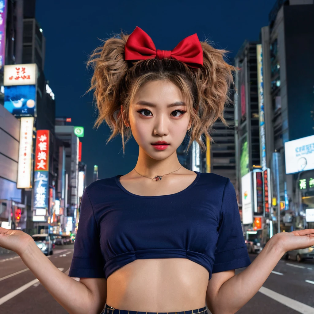 (8k, RAW photo, masterpiece:1.3), (realistic, photo-realistic:1.37), (night), (looking at viewer:1.331), (bloody hair), posing, Tokyo street, nightcityscape, cyberpunk city, soft light, topless girl, extremely beautiful face, bust, put down hands, Random hairstyle, Random expression, big eyes, lower abdomen, (short-sleeved .JK_shirt), JK_style, (dark blue short JK_skirt), (bow JK_tie), mix4., best quality