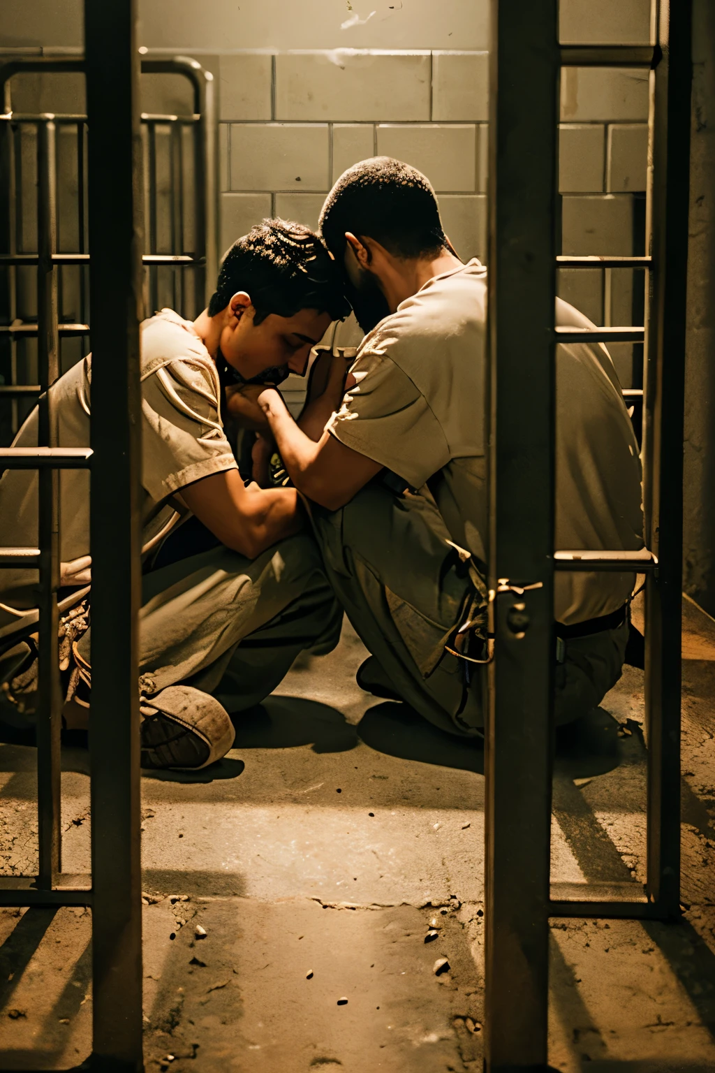 Create an image referring to the disciples of Jesus Paul and Silas in prison, chained, praying on their knees