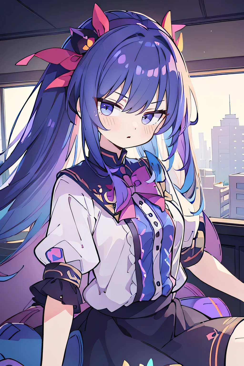 (Best Quality: 1.3), (Masterpiece: 1.3), (Illustration: 1.3), (Ultra Detailed: 1.3), (Imide Lens: 0.9), 1girl, Medium Breasts, Purple Eyes, ((Dark Blue Hair) ), hair accessories, young, clothing-gladiia, long hair, dark blue hair, indoors, black shorts, high socks, low ponytail, expressionless, upper body, close-up, coat, skirt,