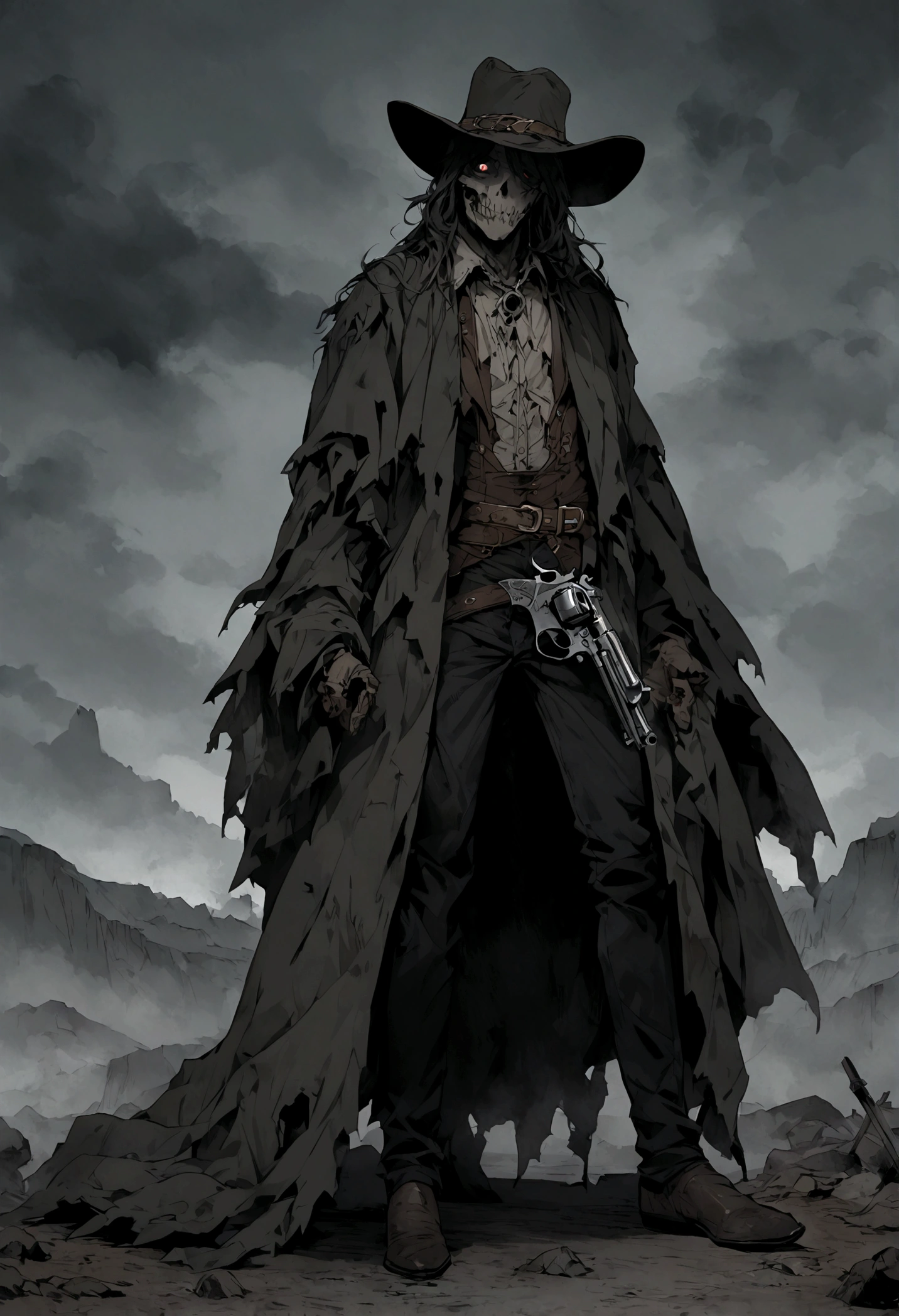 An undead Cowboy with a split jaw and empty eye sockets, gloomy atmosphere, rot, full body, western, revolver