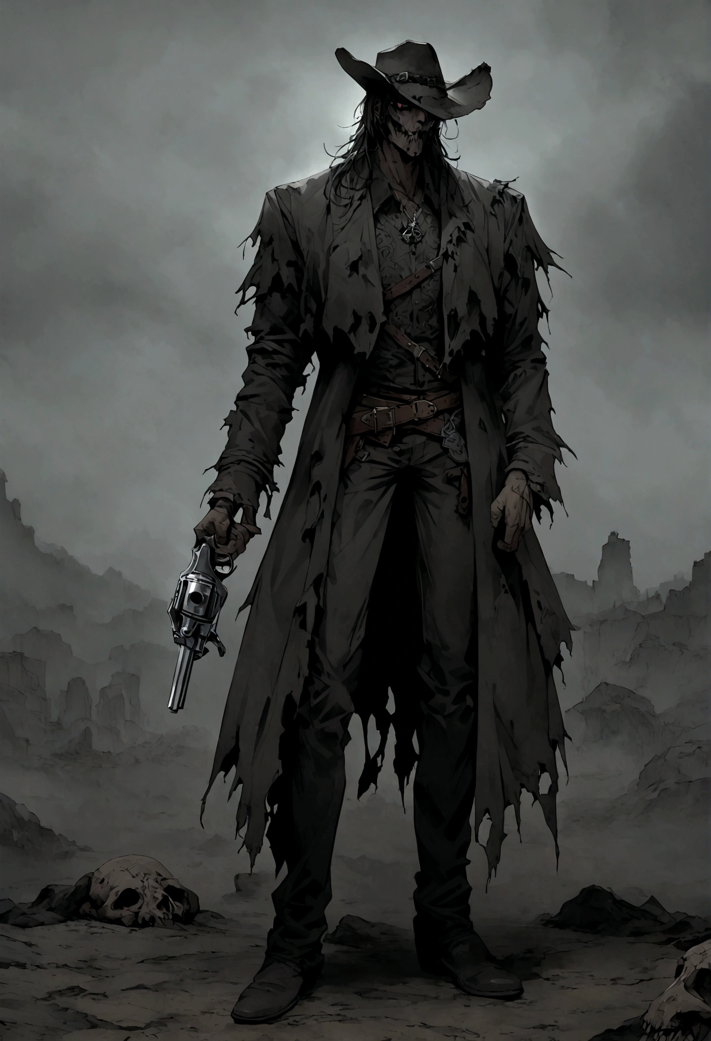An undead Cowboy with a split jaw and empty eye sockets, gloomy atmosphere, rot, full body, western, revolver