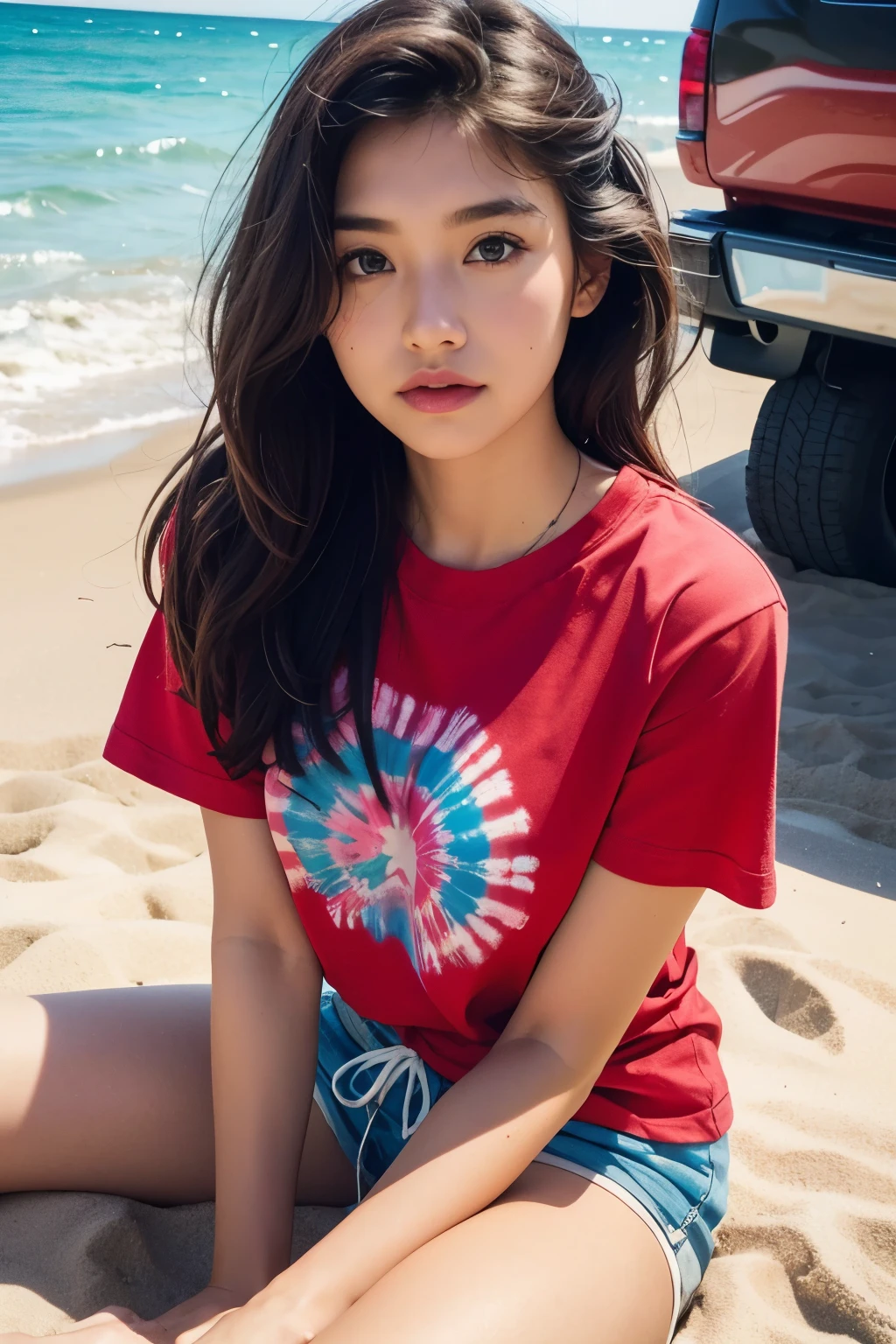 Close up of person sitting on ground near red truck, Graphic T-shirt, wearing shorts and t shirt, graphic printing, 70 seconds of mood, cute lady, tan skin, T-shirt and shorts, hippie fashion, Inspiration, 😭 🤮 💕 🎀, medium portrait, wearing a tie dye t-shirt, Posing on a beach with the sea