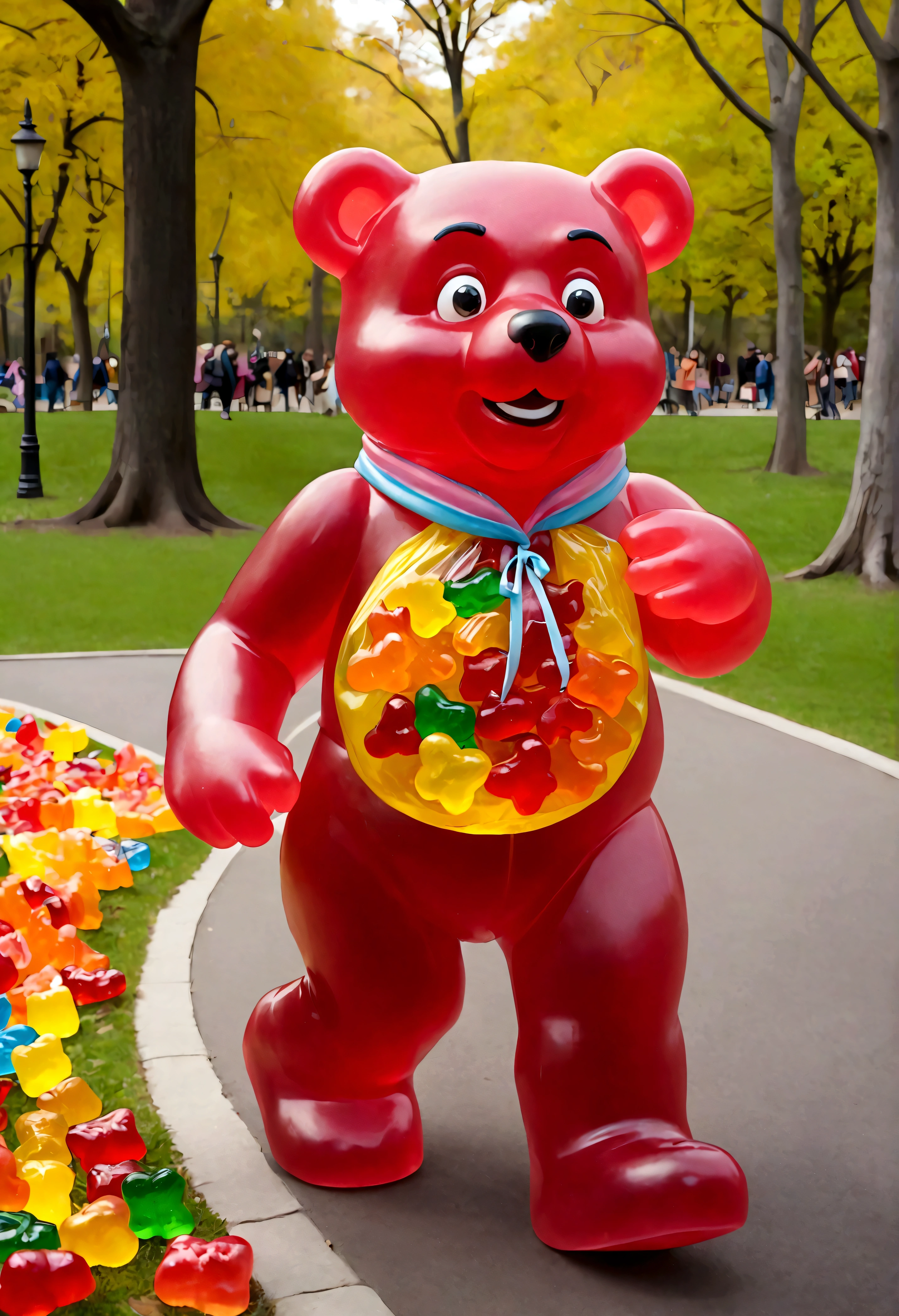 in candy land, a Gummi Bear walking through the park is eating a bag of humans (people the size of gummy candies), his tummy hurts and he makes a disgusted face