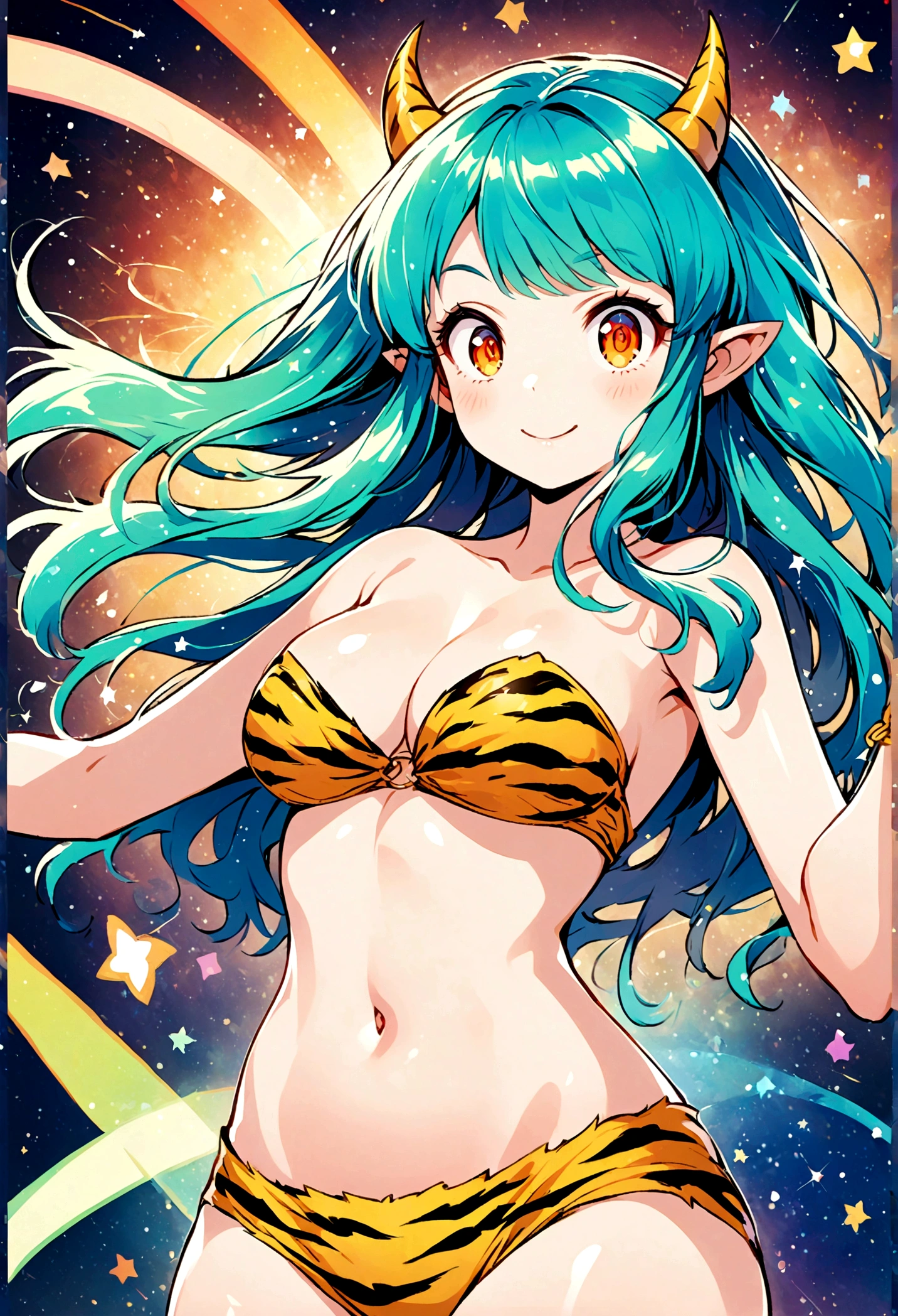 takahashi rumiko style,(1 girl,Lum,long hair,bangs,blue hair,orange eyes,horns,pointy ears,aqua hair,oni horns,(eyeshadow),navel, cleavage, swimsuit, bikini, strapless, animal print, yellow bikini, tiger print, strapless bikini,,the character Lum from "Urusei Yatsura",girly,bright smile,fine,Lum is floating in the air,(Jump:1.3),Bright and cheerful atmosphere,BREAK,(Creates a POP illustration style background,Background elements such as space or a starry sky,Outer space with the moon and stars floating in it,rich colors,colorful,(shooting star),draw with thick lines,Sparkling,unbelievably absurd,zentangle elements,vector art),beautiful light and shadow,BREAK,(masterpiece:1.3),(highest quality:1.4),(ultra detailed:1.5),High resolution,extremely detailed,unity 8k wallpaper,(complicated details),absurdity,(Glitter),anatomically correct,cute,Anatomically correct