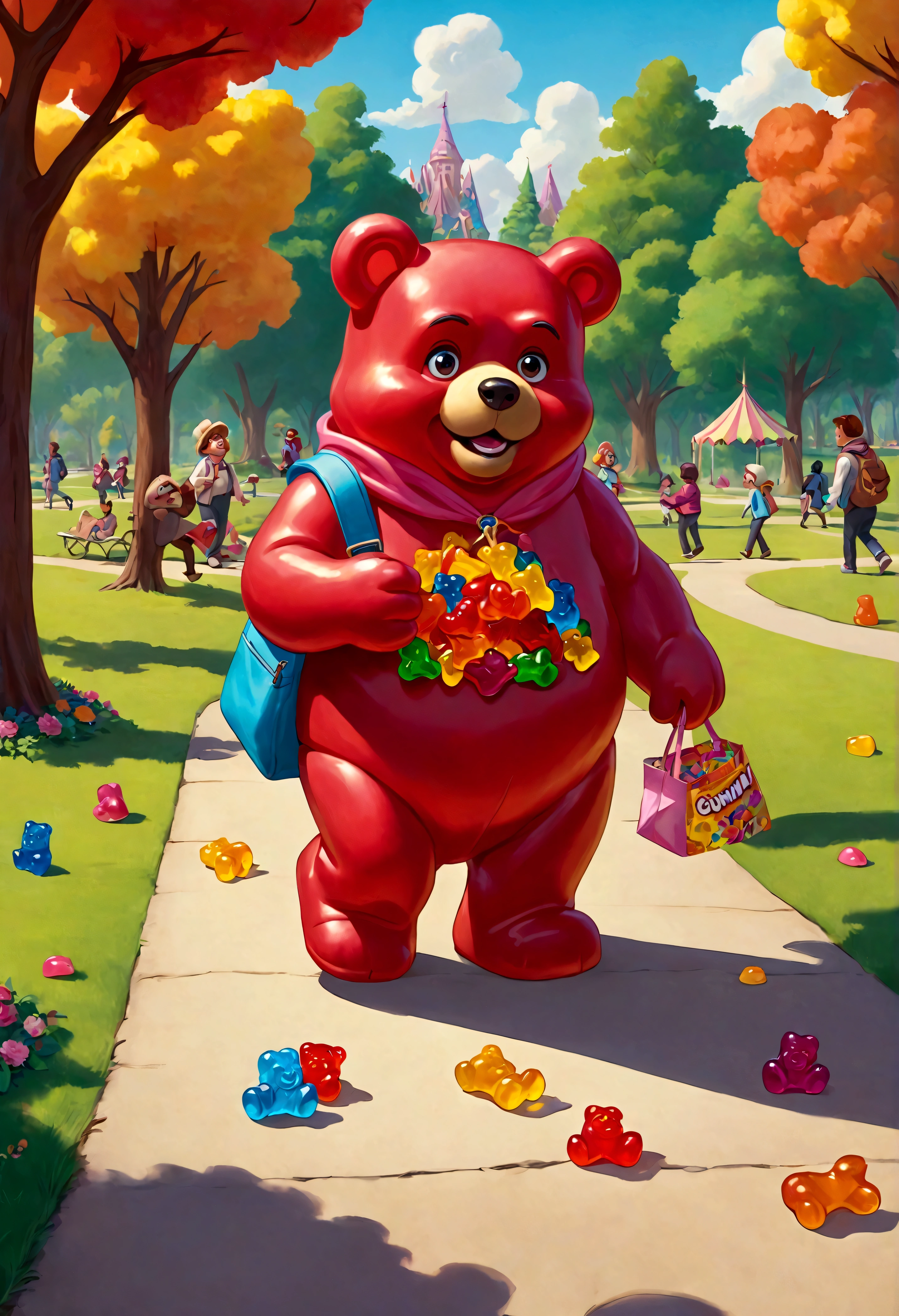 in candy land, a Gummi Bear walking through the park is eating a bag of humans (people the size of gummy candies), his tummy hurts and he makes a disgusted face