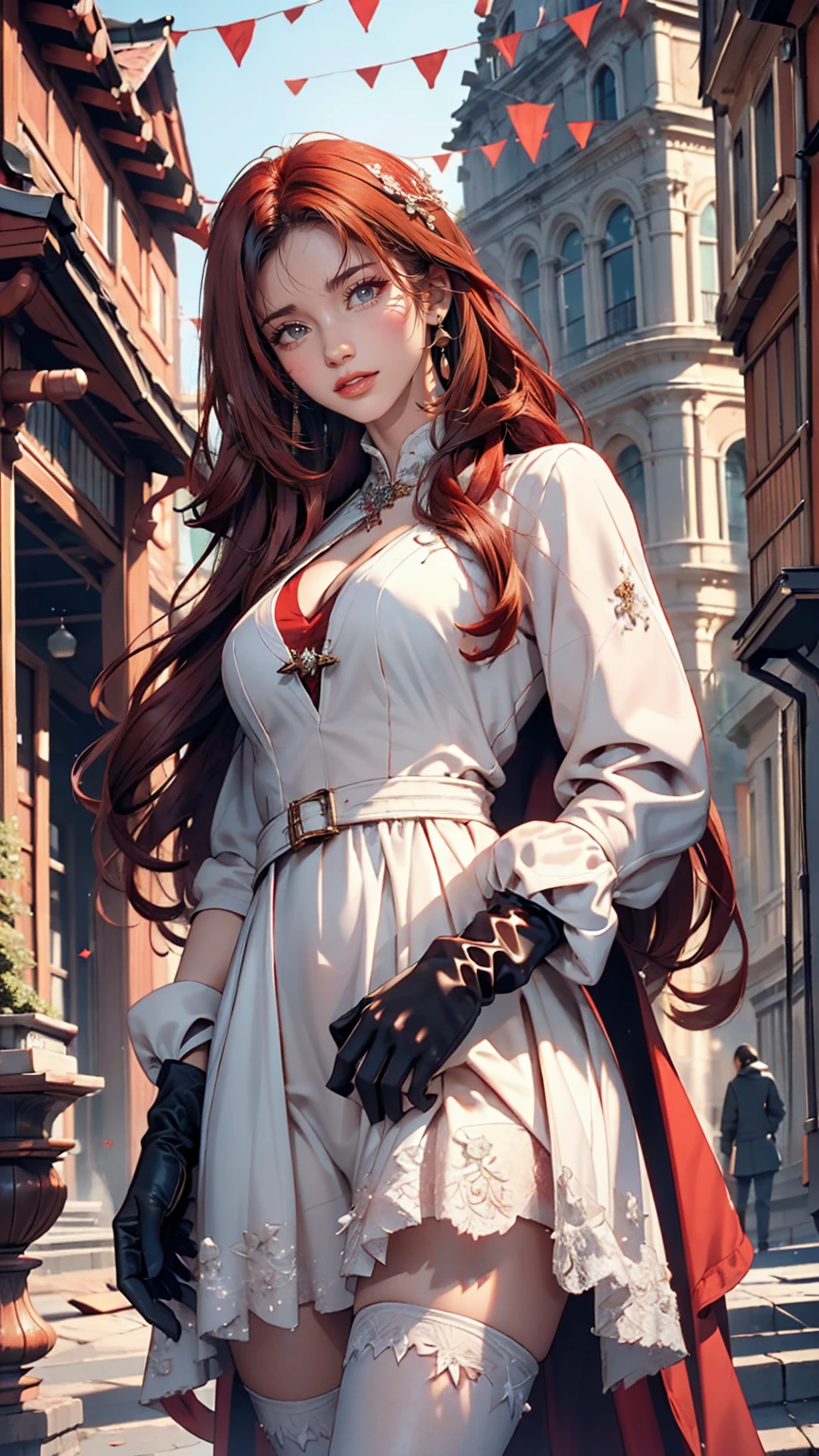 ((masterpiece,highest quality)),8k wallpaper,One girl, Long Hair, Redhead, alone, dress, Red eyes, View Viewer, Long sleeve, Are standing, building, white dress, gloves, hair ornaments, Black jacket, smile, Floating Hair, Dutch Angle, Mouth closed, avert your eyes, Outdoor