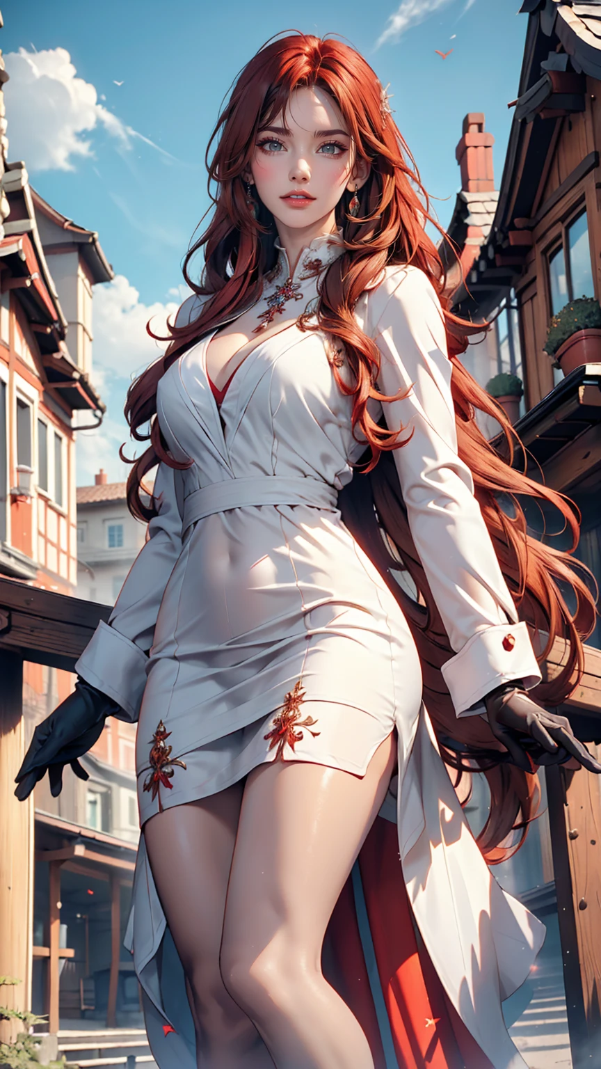 ((masterpiece,highest quality)),8k wallpaper,One girl, Long Hair, Redhead, alone, dress, Red eyes, View Viewer, Long sleeve, Are standing, building, white dress, gloves, hair ornaments, Black jacket, smile, Floating Hair, Dutch Angle, Mouth closed, avert your eyes, Outdoor